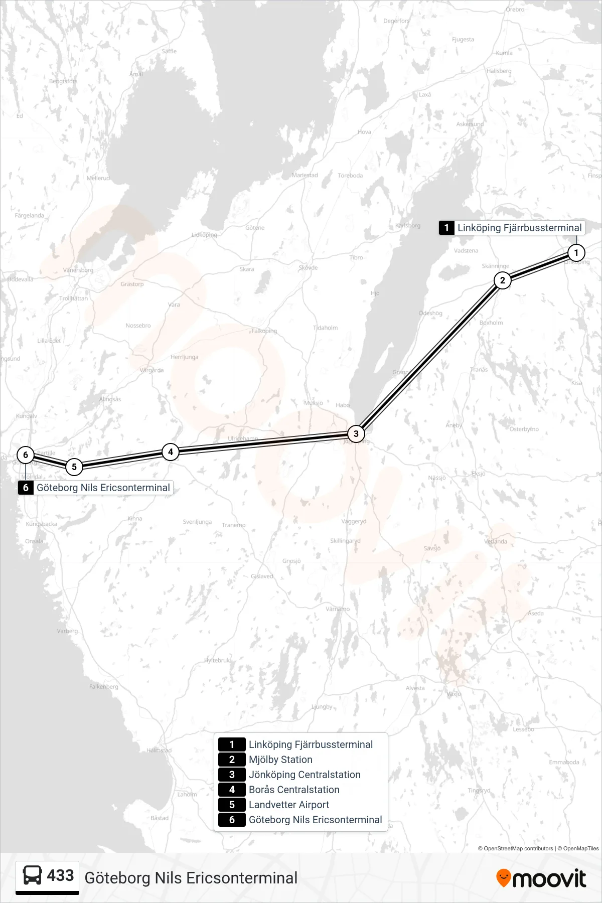 Rutt och hållplatser på karta för linje 433  spårvagn, (Göteborg Nils Ericsonterminal)