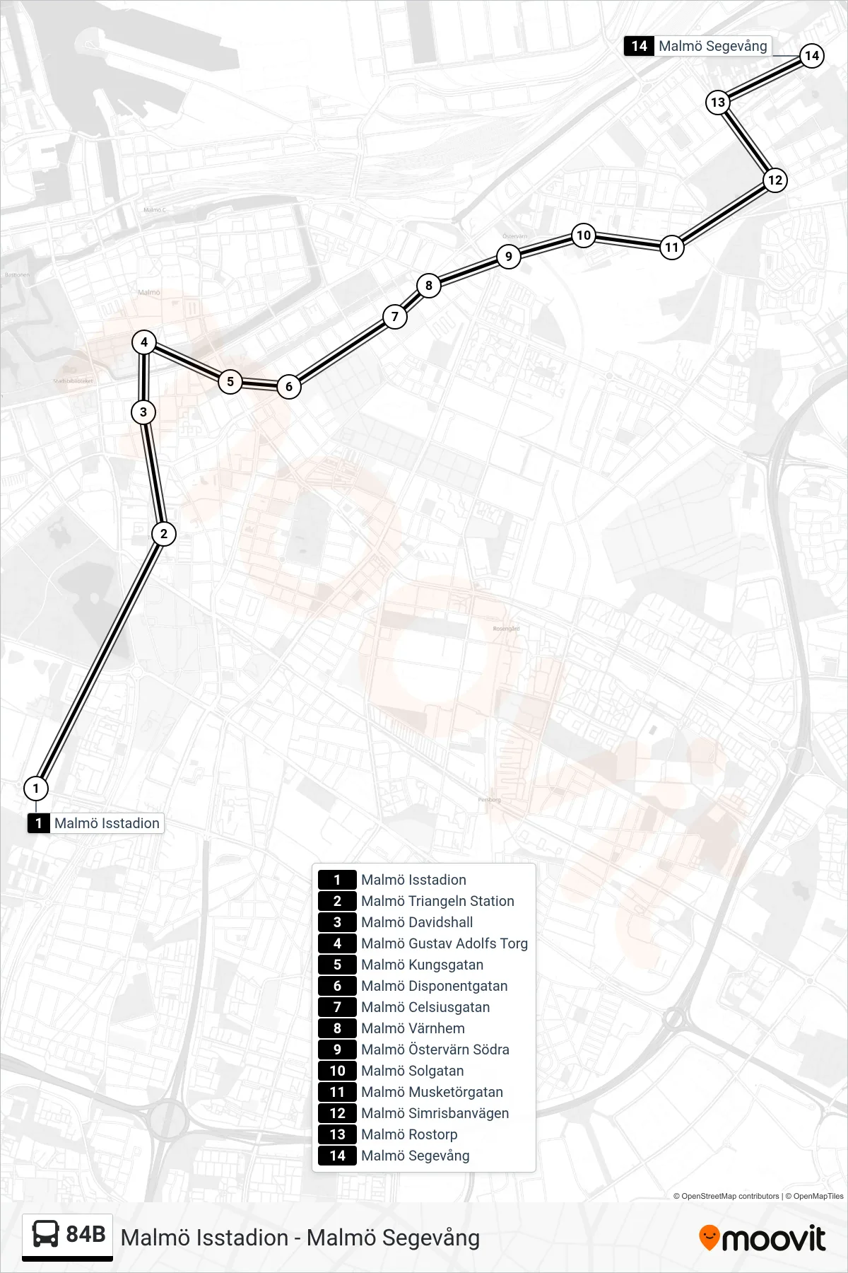Rutt och hållplatser på karta för linje 84B  spårvagn, (Malmö Segevång)