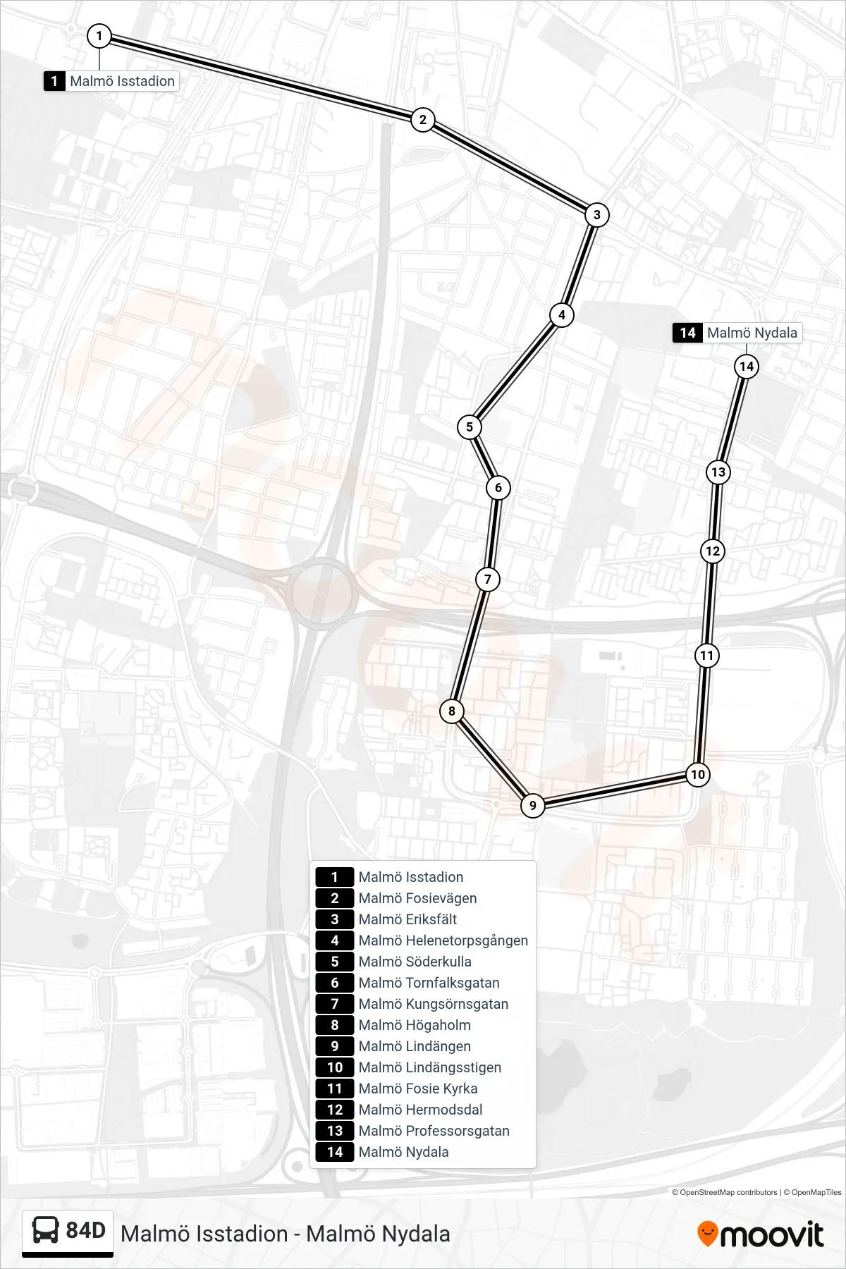 Rutt och hållplatser på karta för linje 84D spårvagn, (Malmö Nydala)