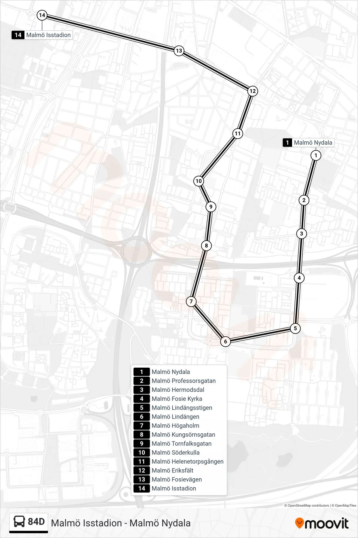 Rutt och hållplatser på karta för linje 84D spårvagn, (Malmö Isstadion)