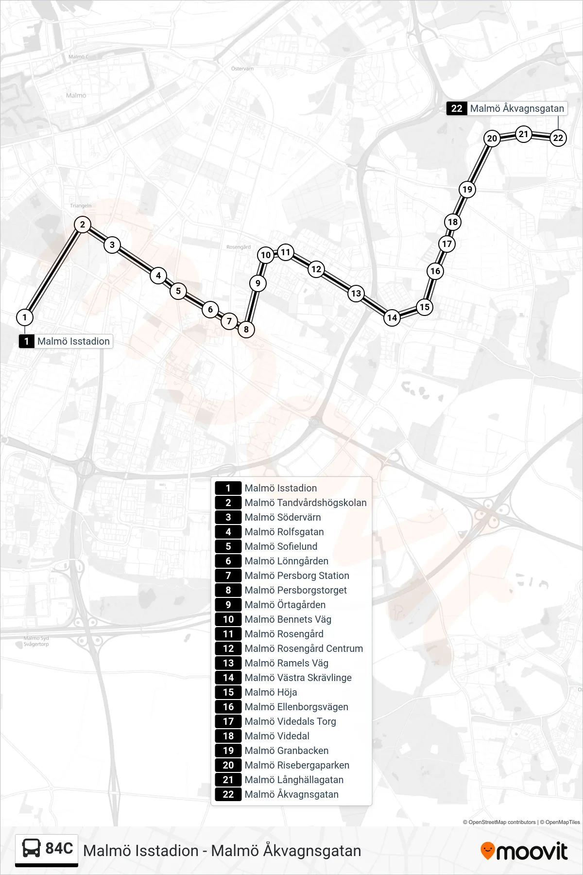 Rutt och hållplatser på karta för linje 84C spårvagn, (Malmö Åkvagnsgatan)