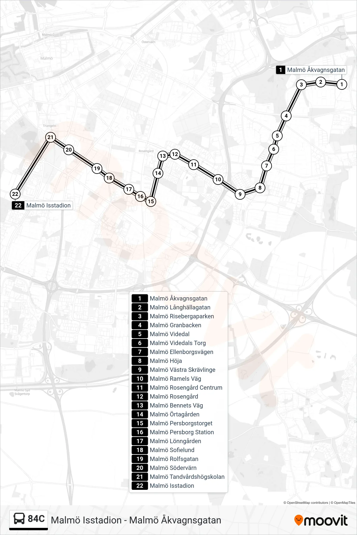 Rutt och hållplatser på karta för linje 84C spårvagn, (Malmö Isstadion)