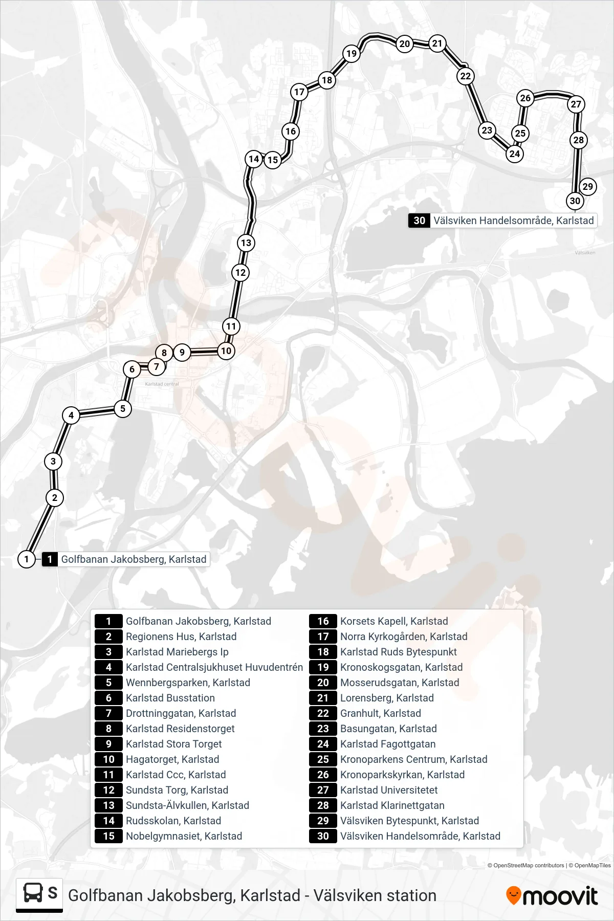Rutt och hållplatser på karta för linje S spårvagn, (Välsviken Handelsområde, Karlstad)