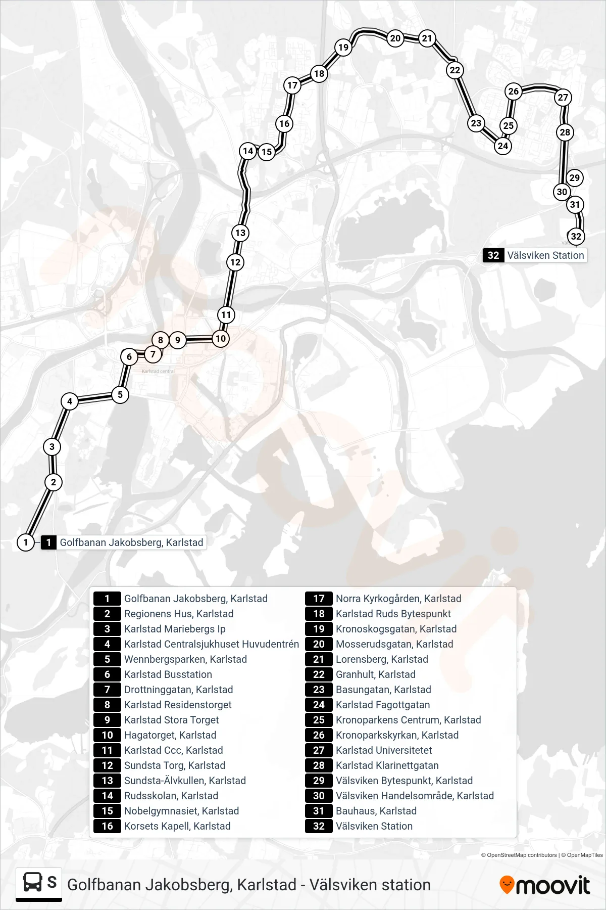 Rutt och hållplatser på karta för linje S spårvagn, (Välsviken Station)