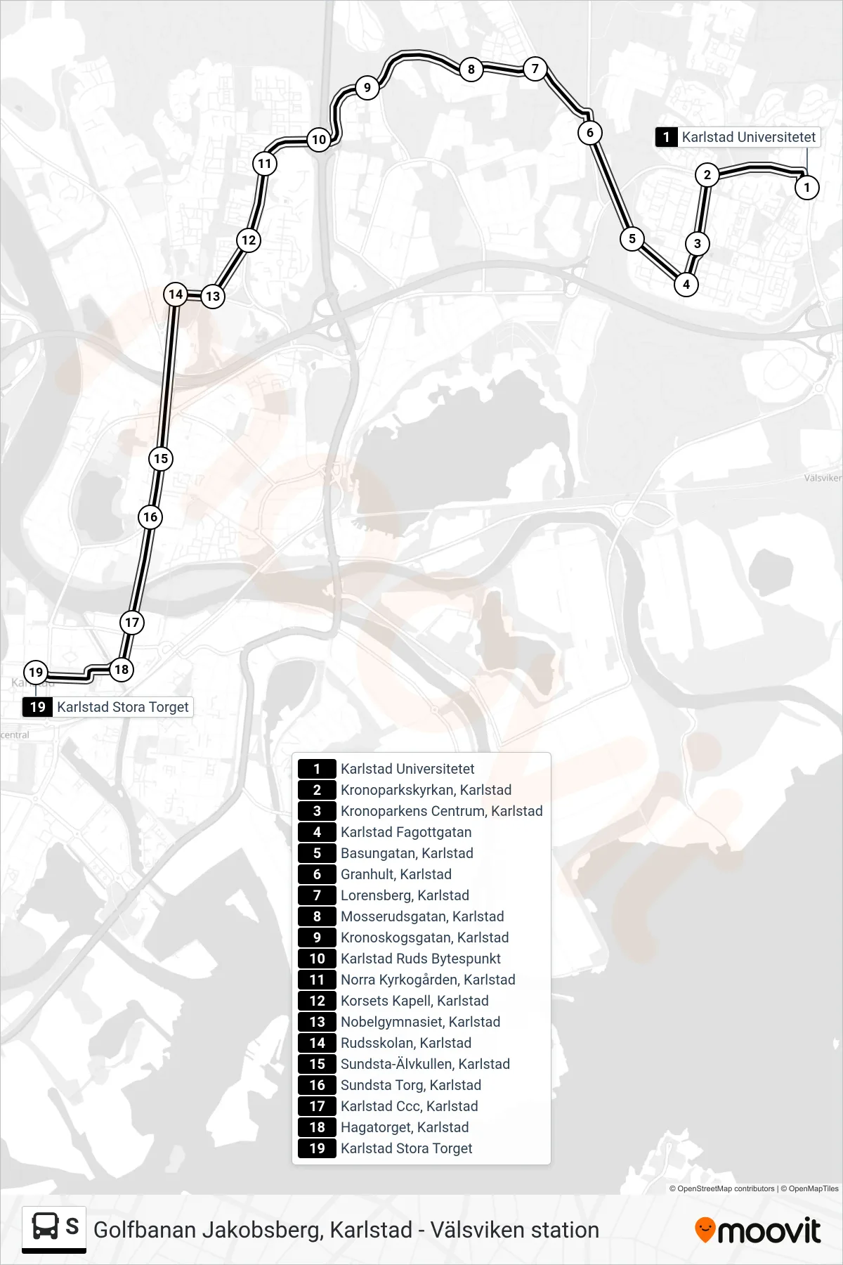 Rutt och hållplatser på karta för linje S  spårvagn, (Karlstad Stora Torget)