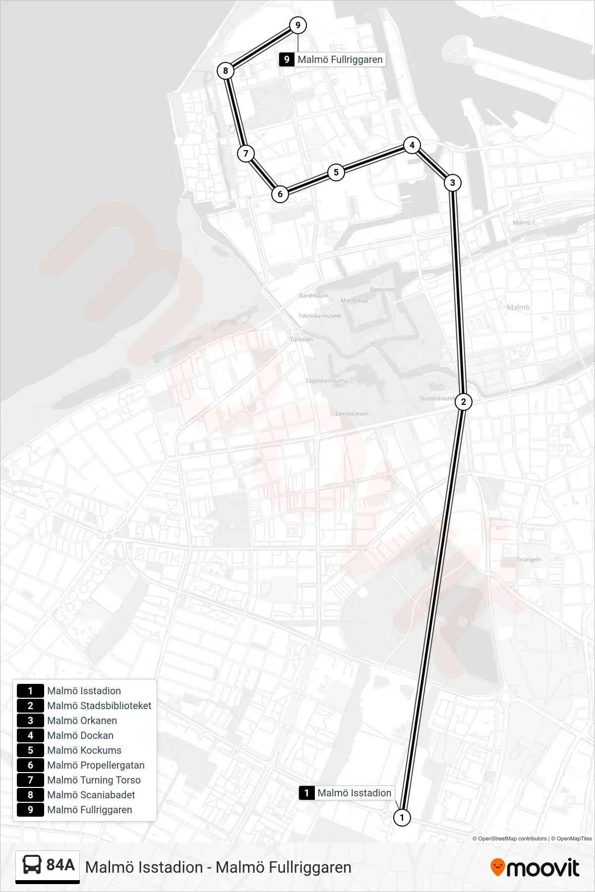 Rutt och hållplatser på karta för linje 84A spårvagn, (Malmö Fullriggaren)