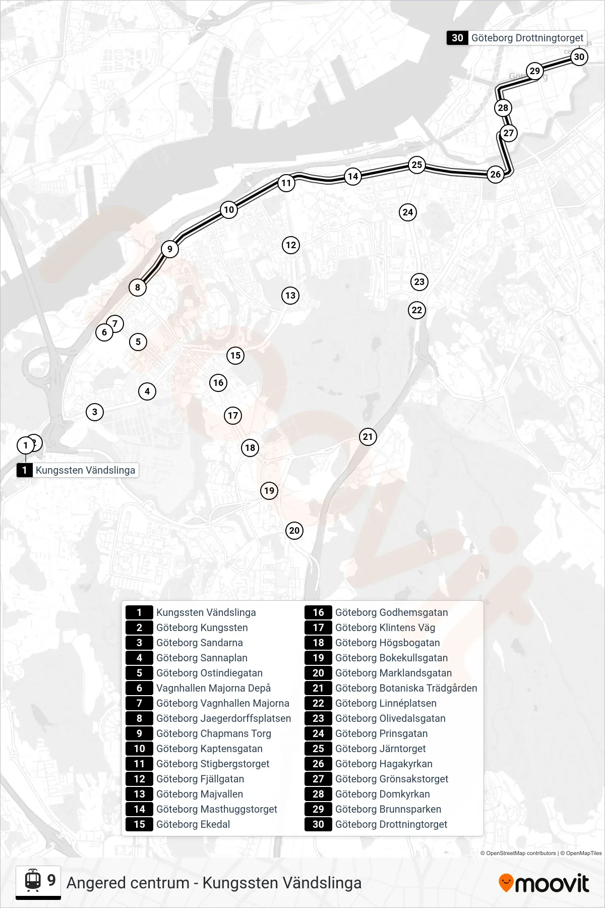 Rutt och hållplatser på karta för linje 9 spårvagn, (Göteborg Drottningtorget)