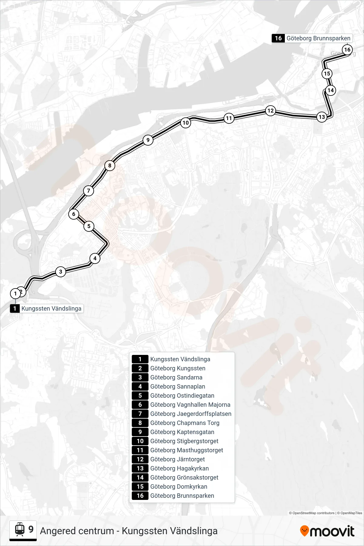 Rutt och hållplatser på karta för linje 9  spårvagn, (Göteborg Brunnsparken)