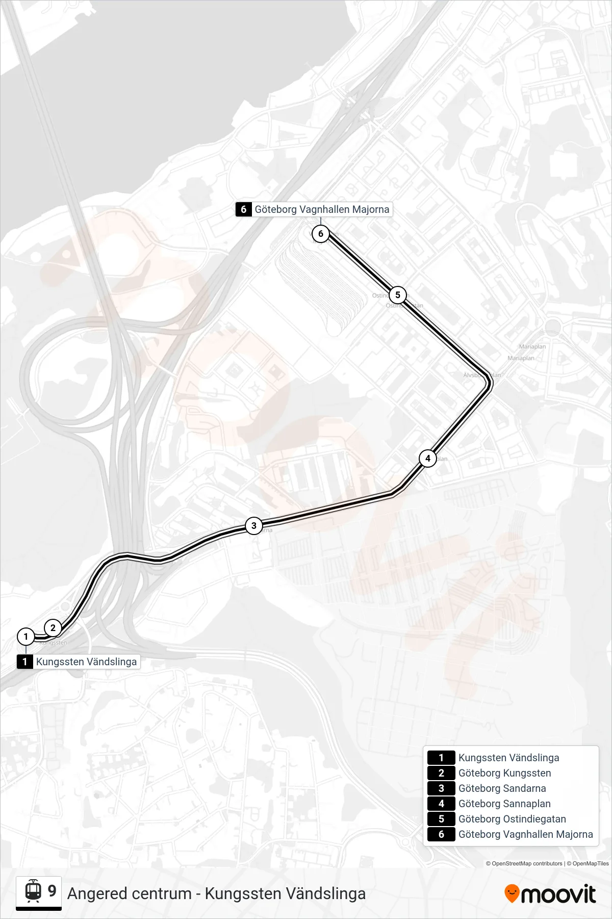 Rutt och hållplatser på karta för linje 9 spårvagn, (Göteborg Vagnhallen Majorna)