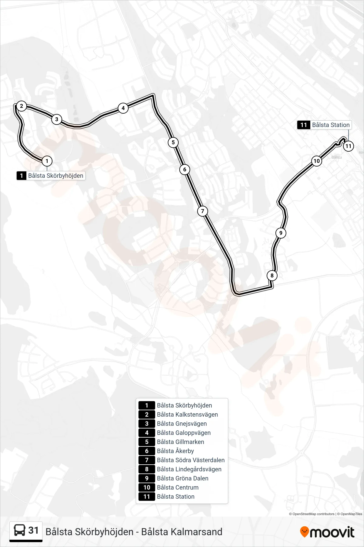 Rutt och hållplatser på karta för linje 31 buss, (Bålsta Station)