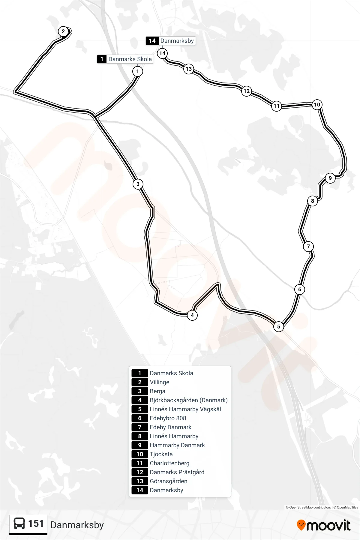 Rutt och hållplatser på karta för linje 151 buss, (Danmarksby)