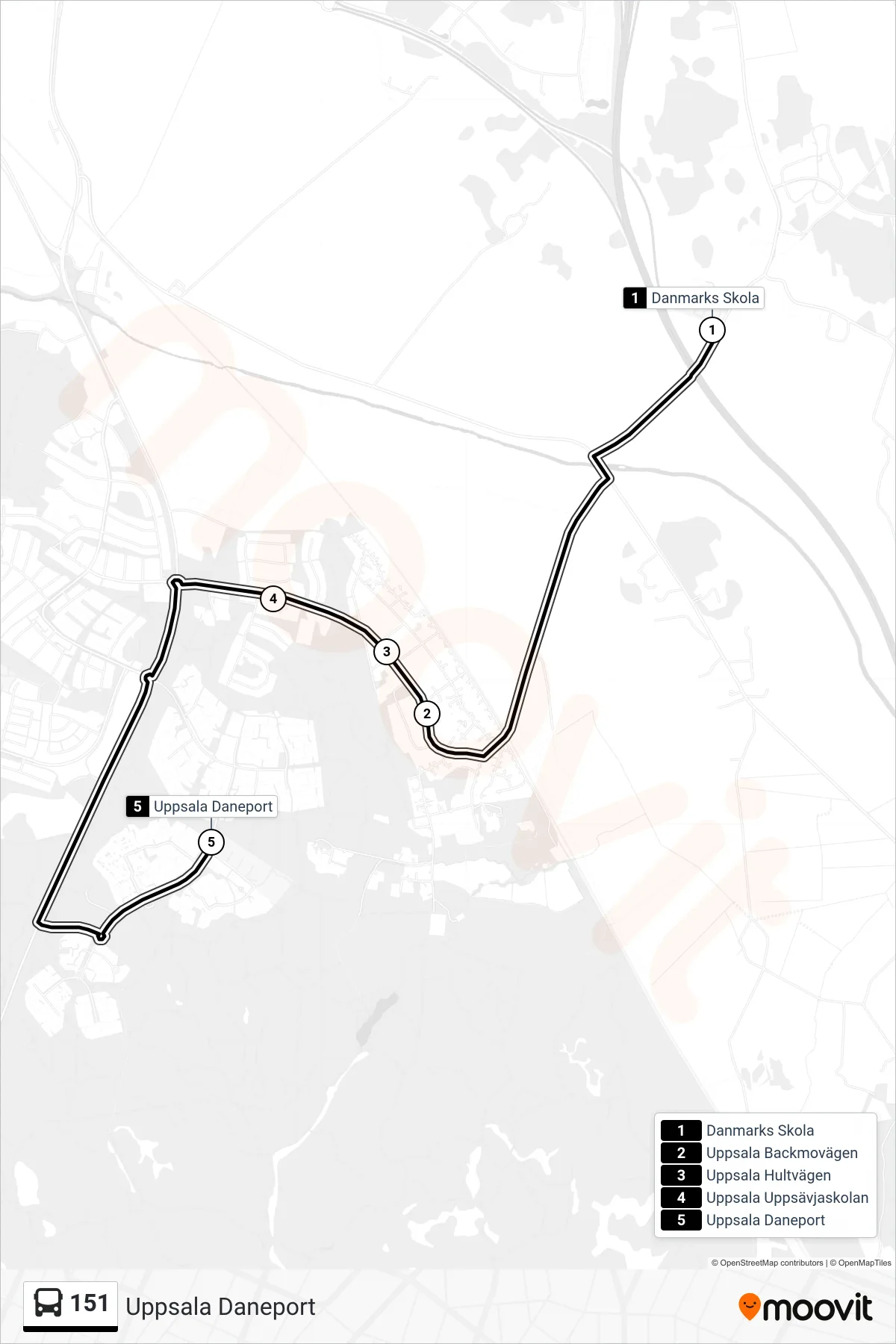 Rutt och hållplatser på karta för linje 151  buss, (Uppsala Daneport)