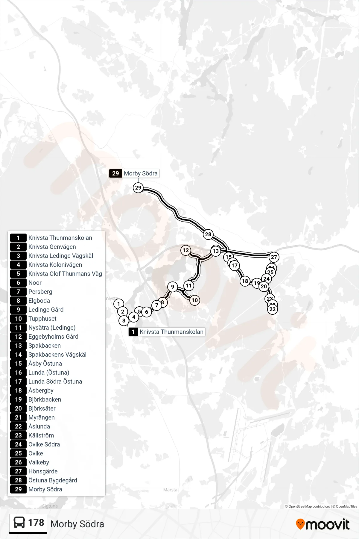 Rutt och hållplatser på karta för linje 178 buss, (Morby Södra)