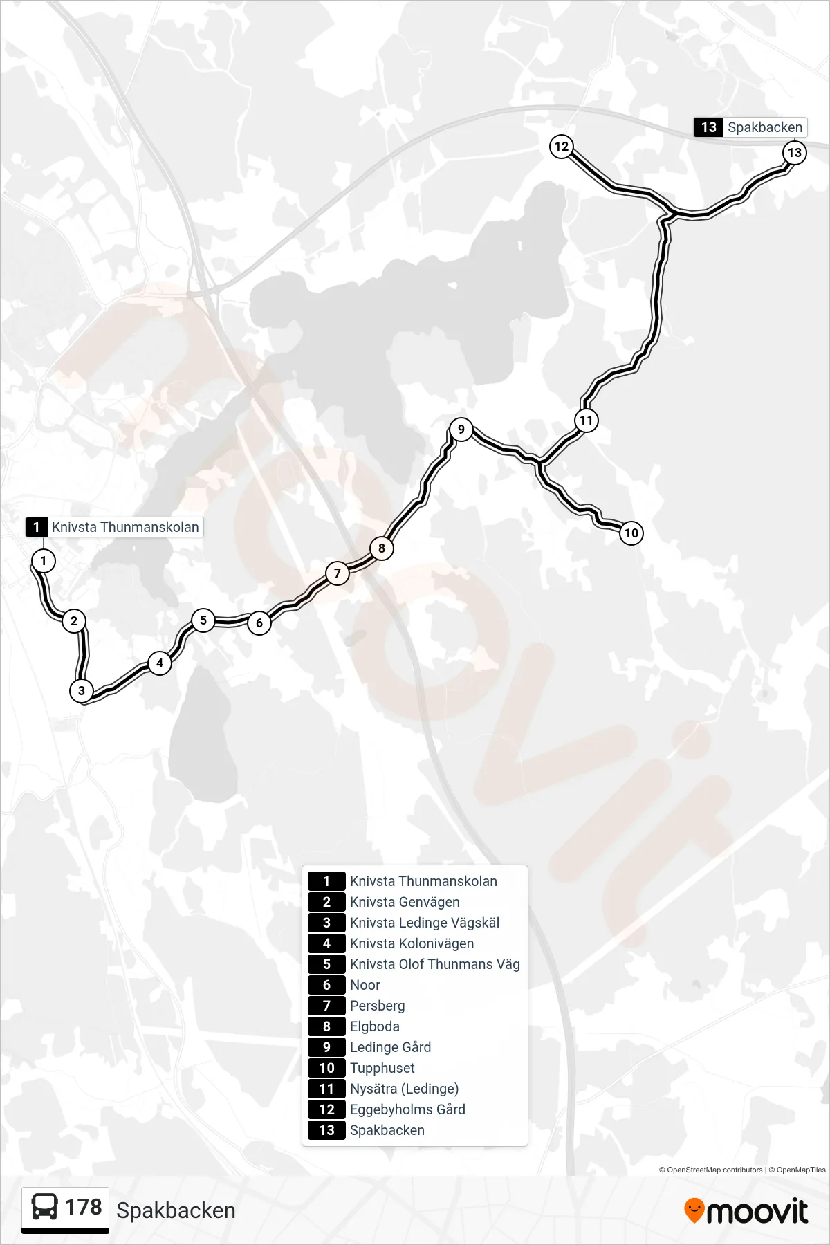 Rutt och hållplatser på karta för linje 178 buss, (Spakbacken)