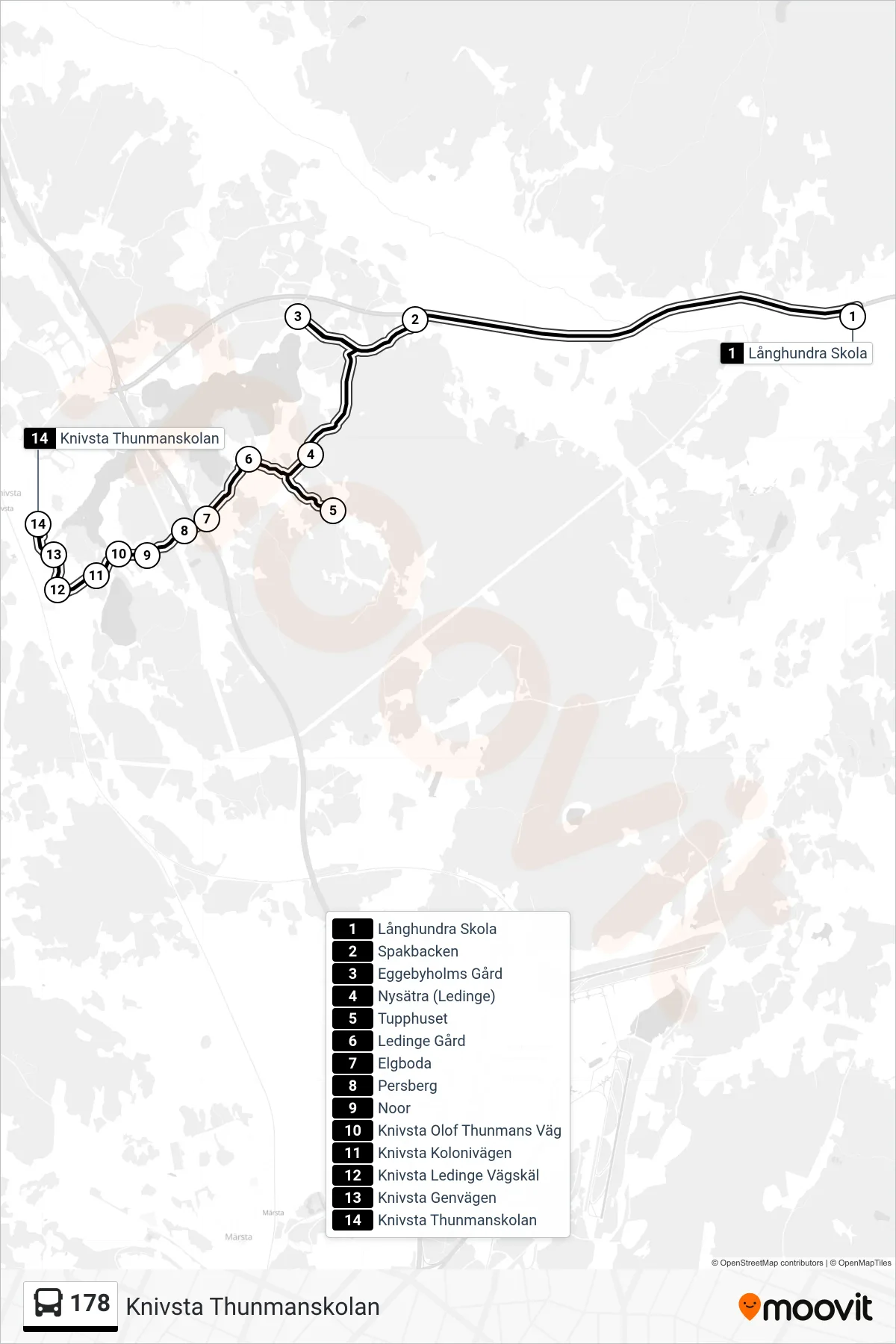 Rutt och hållplatser på karta för linje 178  buss, (Knivsta Thunmanskolan)