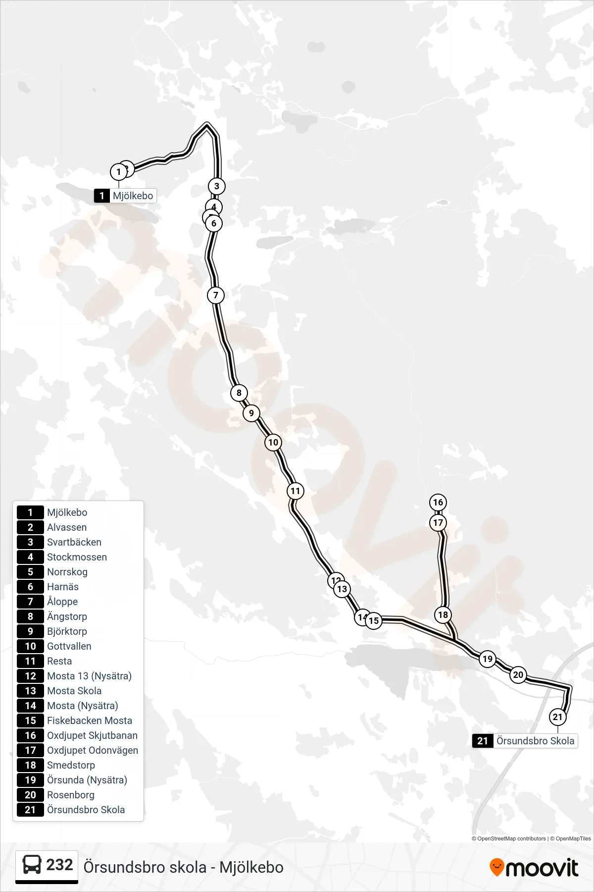 Rutt och hållplatser på karta för linje 232 buss, (Örsundsbro Skola)