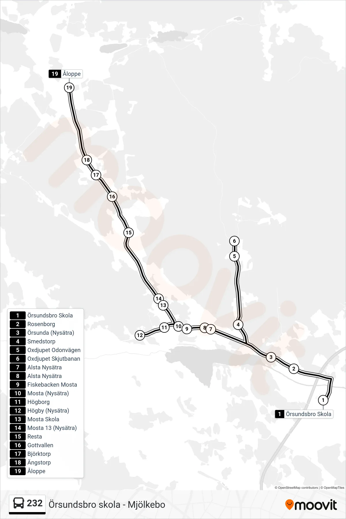 Rutt och hållplatser på karta för linje 232 buss, (Åloppe)