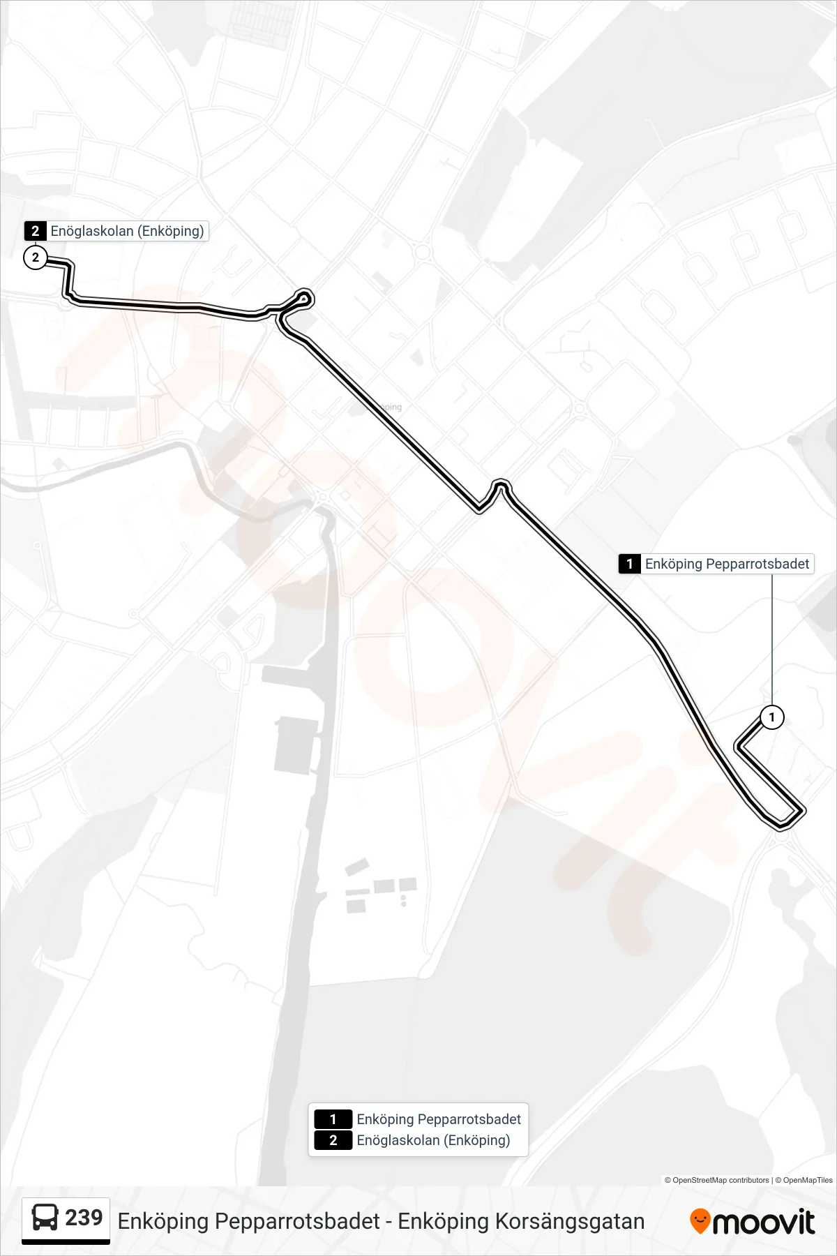 Rutt och hållplatser på karta för linje 239 buss, (Enöglaskolan (Enköping))