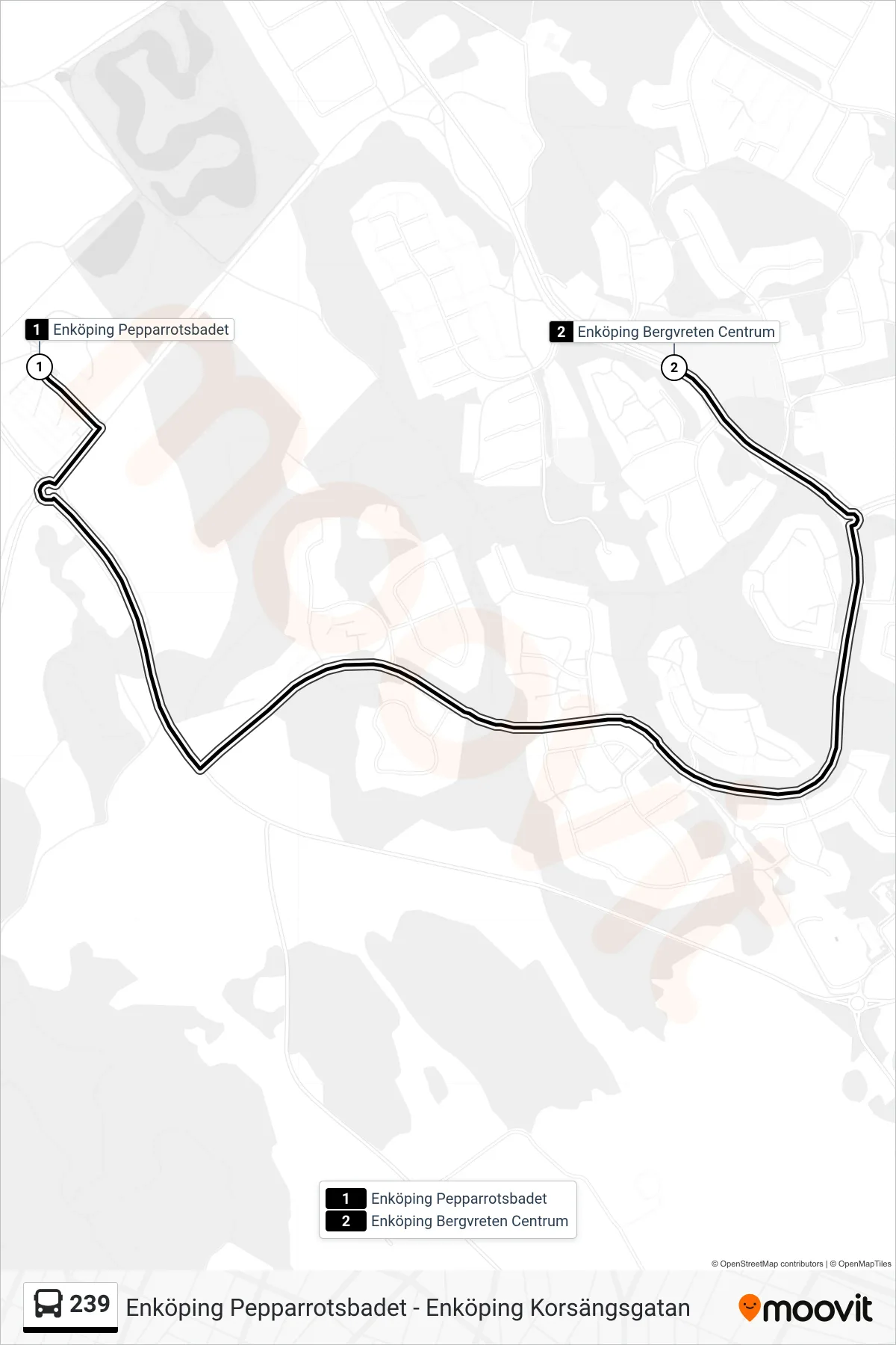 Rutt och hållplatser på karta för linje 239 buss, (Enköping Bergvreten Centrum)