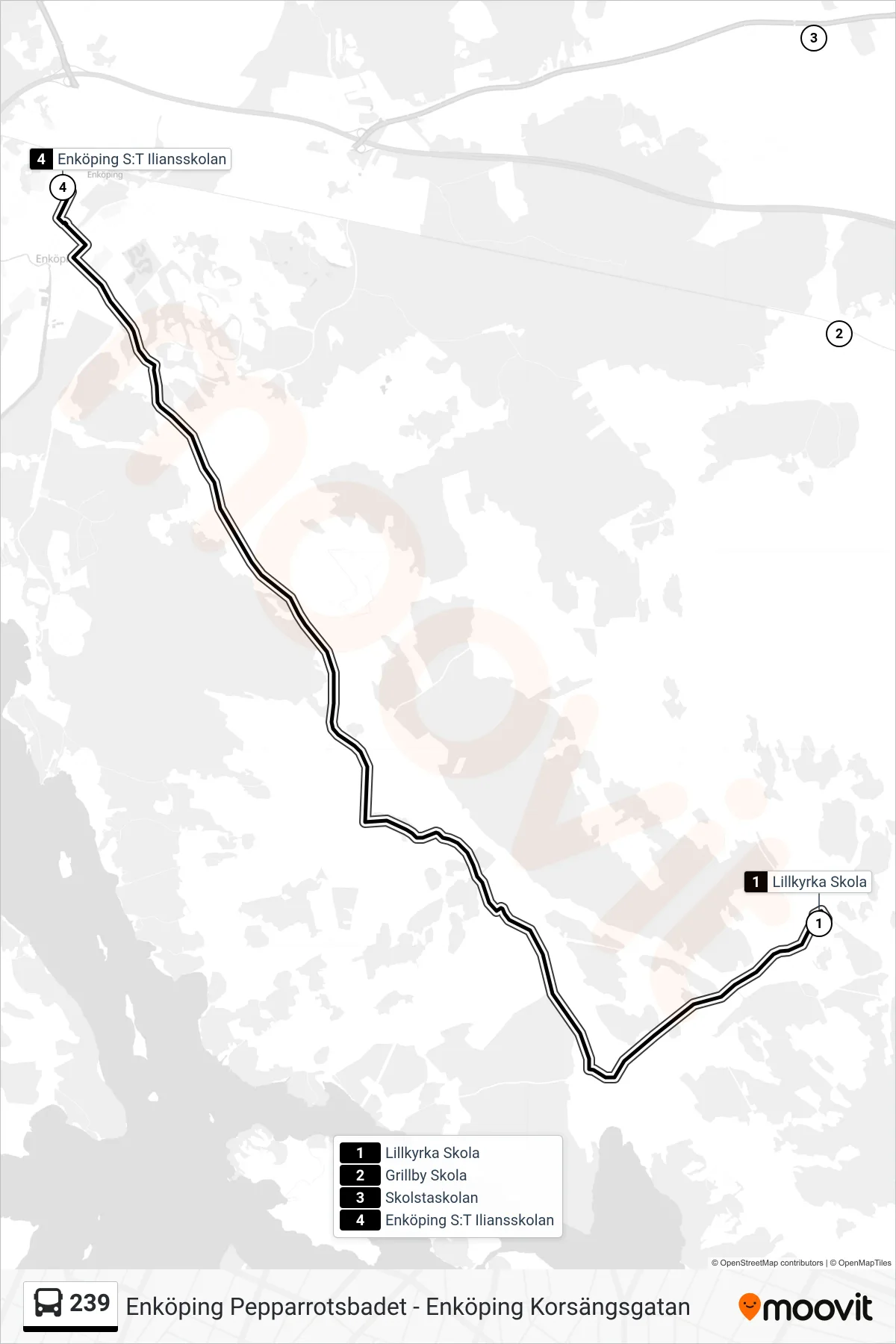 Rutt och hållplatser på karta för linje 239 buss, (Enköping S:T Iliansskolan)