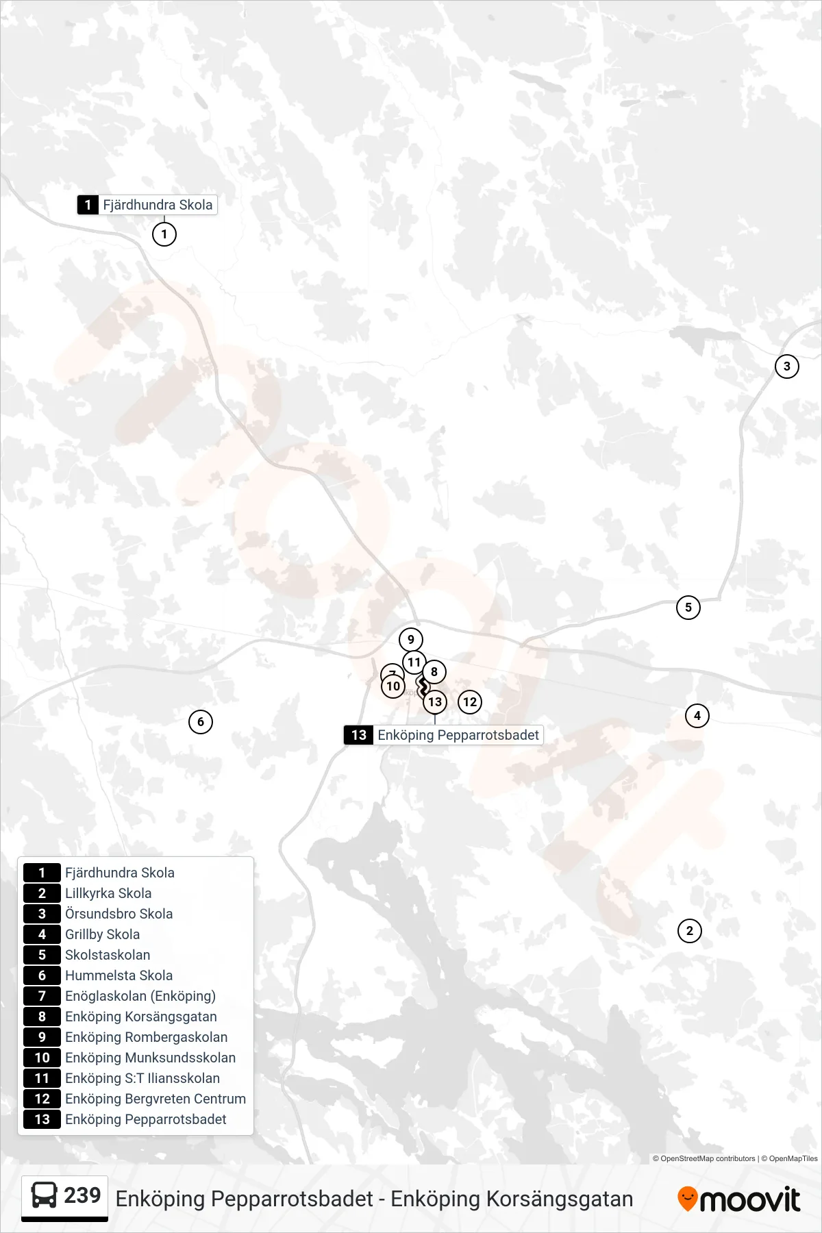 Rutt och hållplatser på karta för linje 239  buss, (Enköping Pepparrotsbadet)
