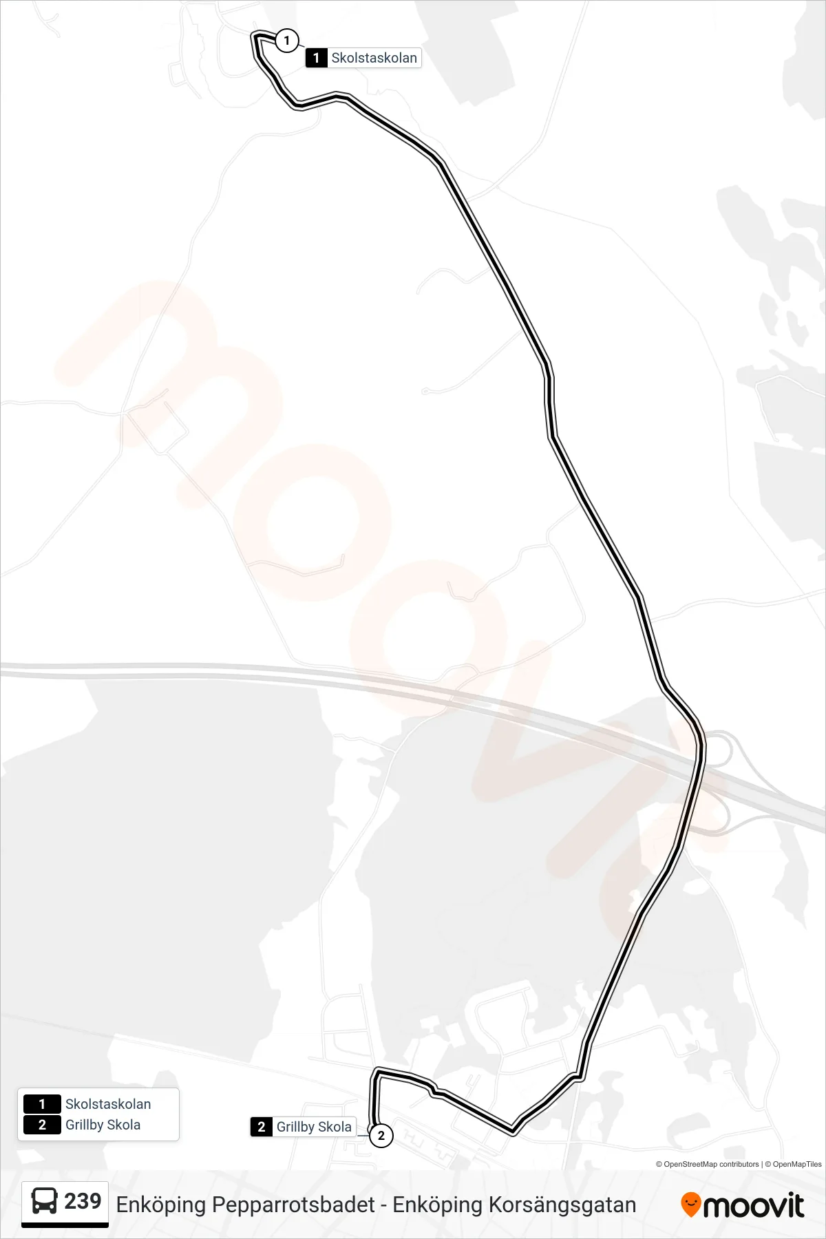 Rutt och hållplatser på karta för linje 239 buss, (Grillby Skola)