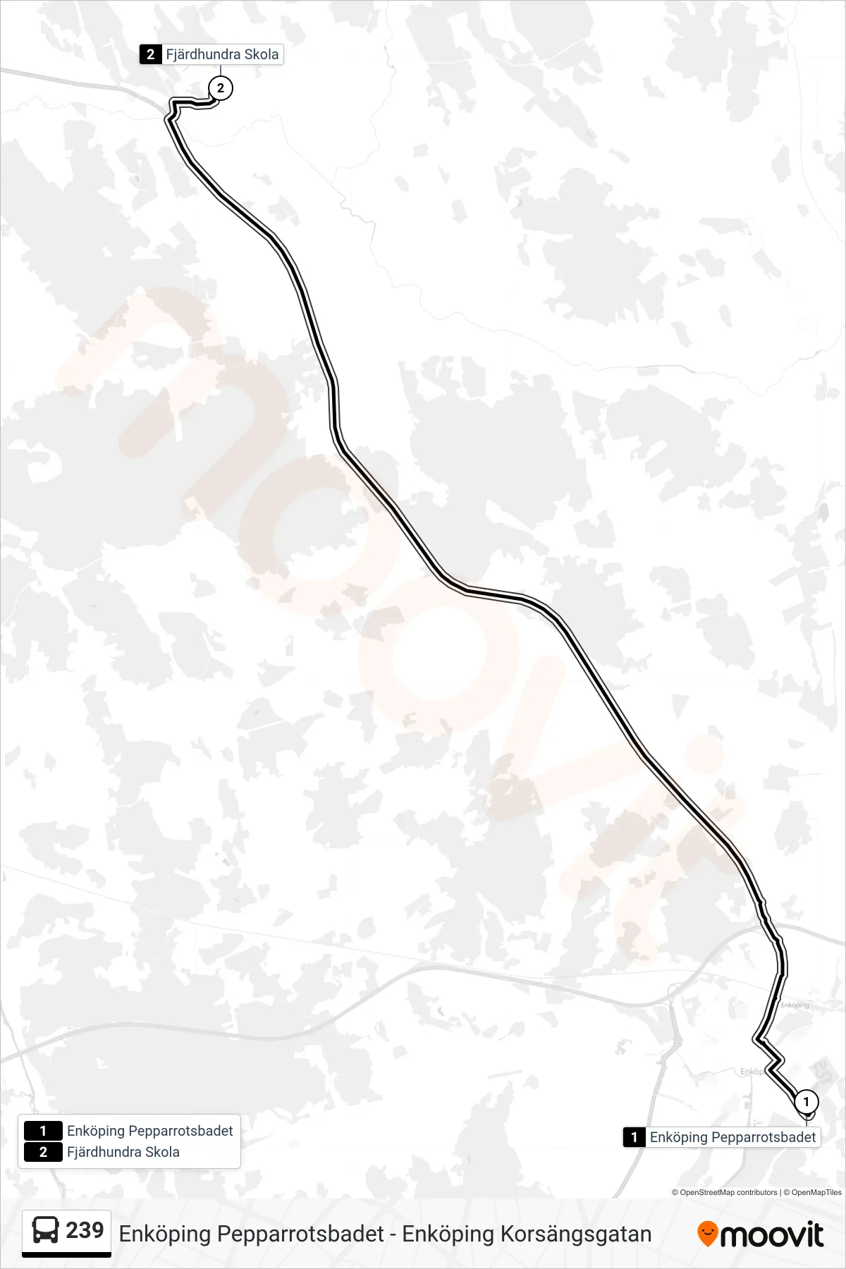 Rutt och hållplatser på karta för linje 239 buss, (Fjärdhundra Skola)