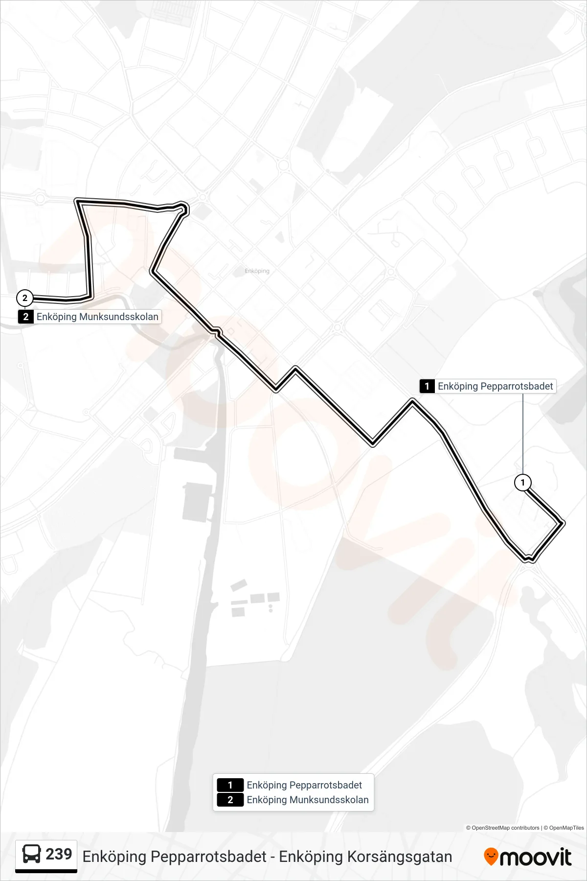 Rutt och hållplatser på karta för linje 239 buss, (Enköping Munksundsskolan)