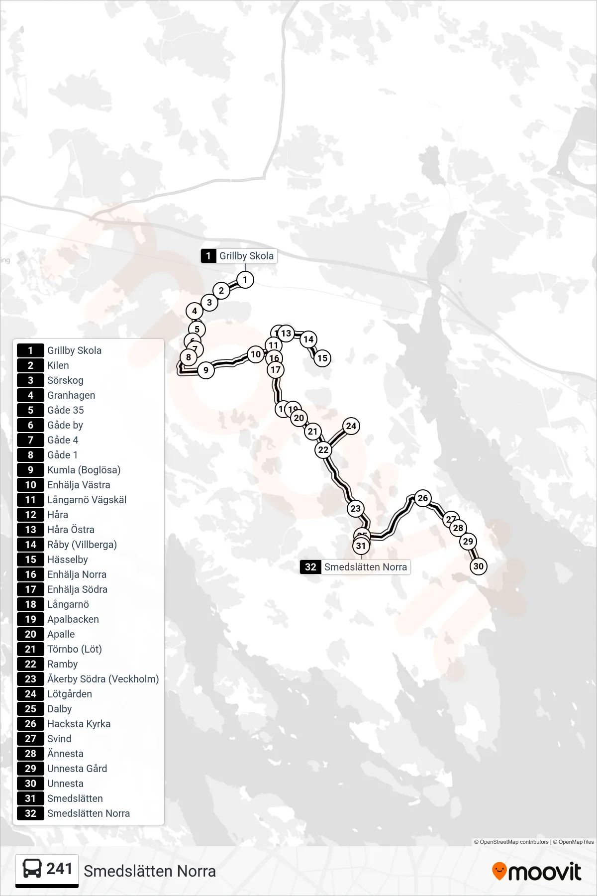 Rutt och hållplatser på karta för linje 241 buss, (Smedslätten Norra)