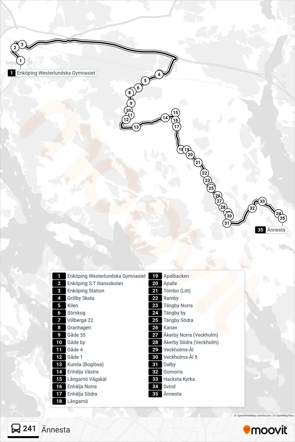Rutt och hållplatser på karta för linje 241  buss, (Ännesta)