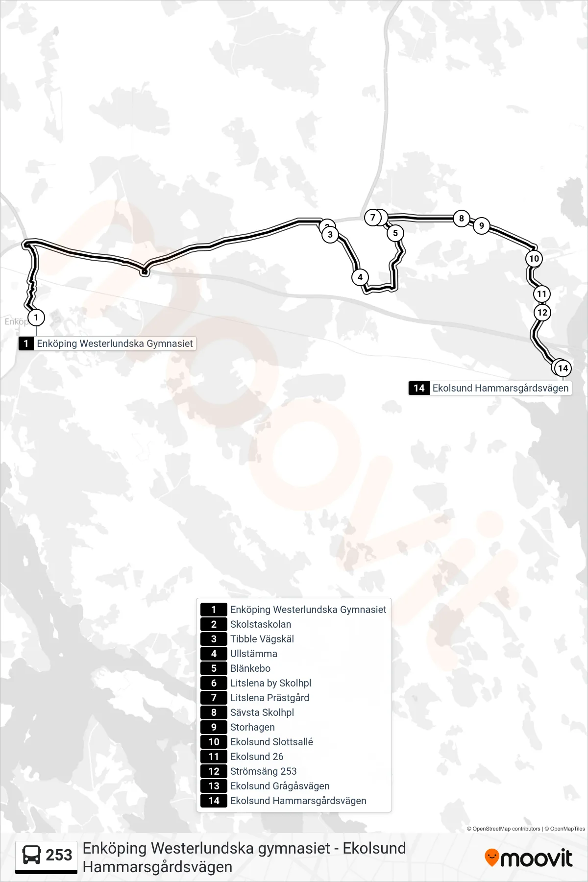 Rutt och hållplatser på karta för linje 253 buss, (Ekolsund Hammarsgårdsvägen)