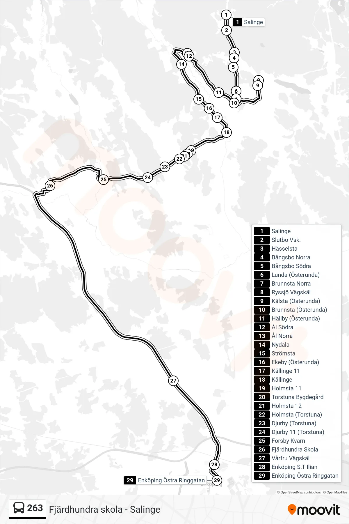 Rutt och hållplatser på karta för linje 263 buss, (Enköping Östra Ringgatan)