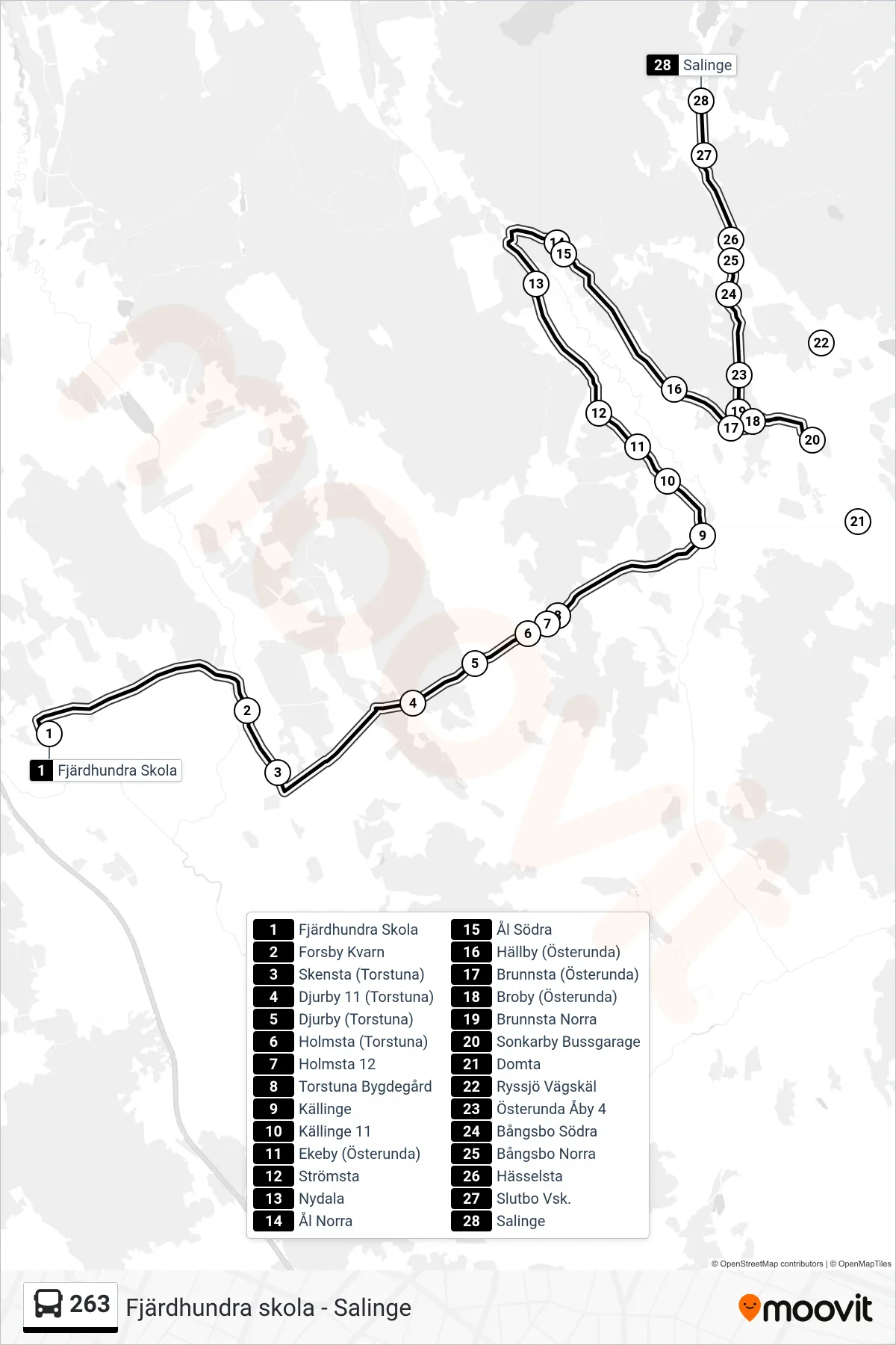 Rutt och hållplatser på karta för linje 263 buss, (Salinge)