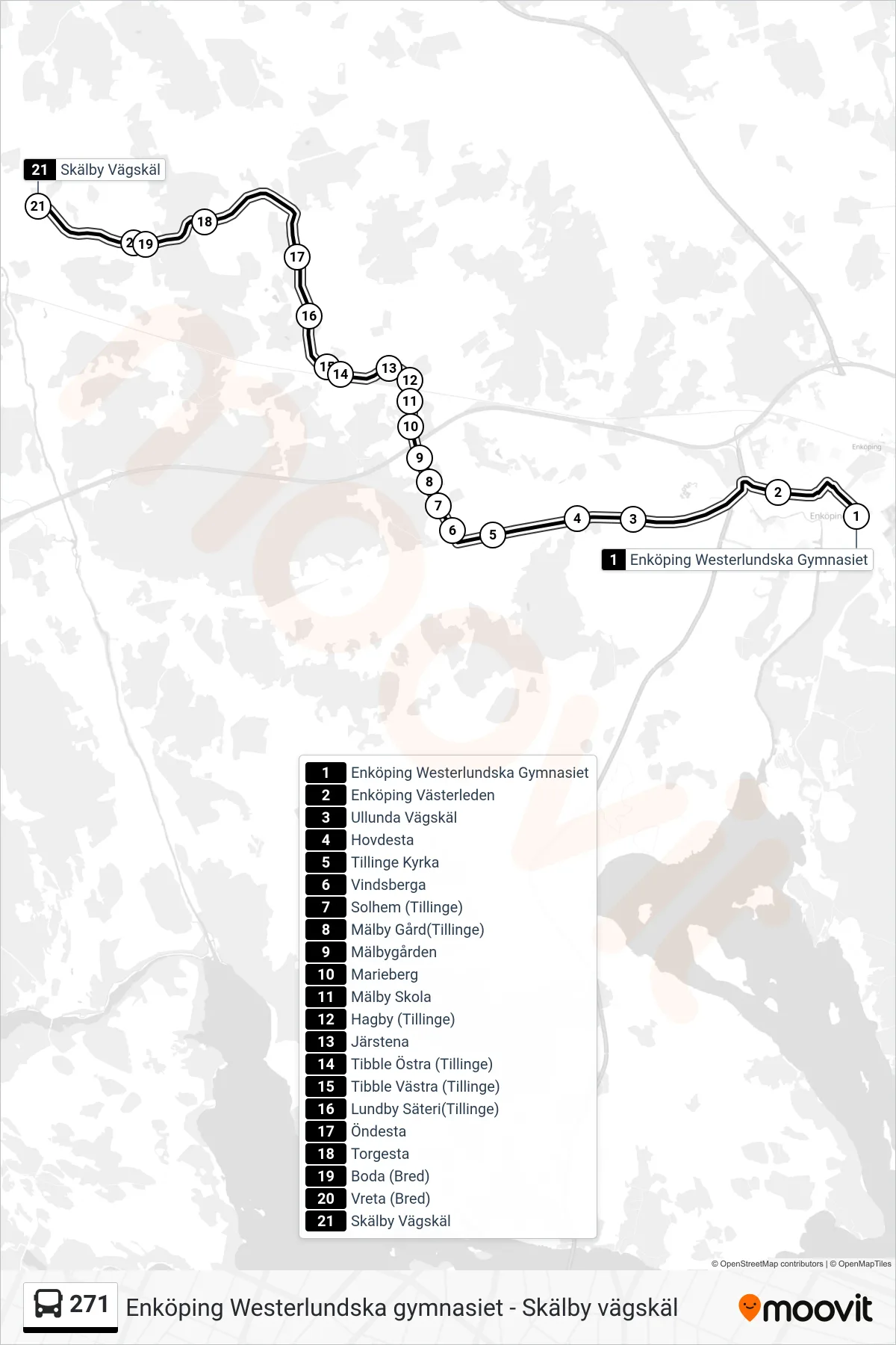 Rutt och hållplatser på karta för linje 271  buss, (Skälby Vägskäl)