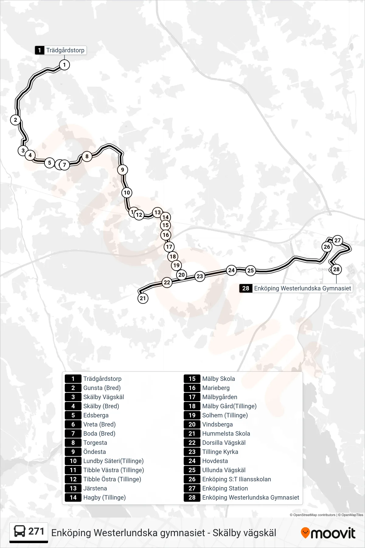Rutt och hållplatser på karta för linje 271  buss, (Enköping Westerlundska Gymnasiet)