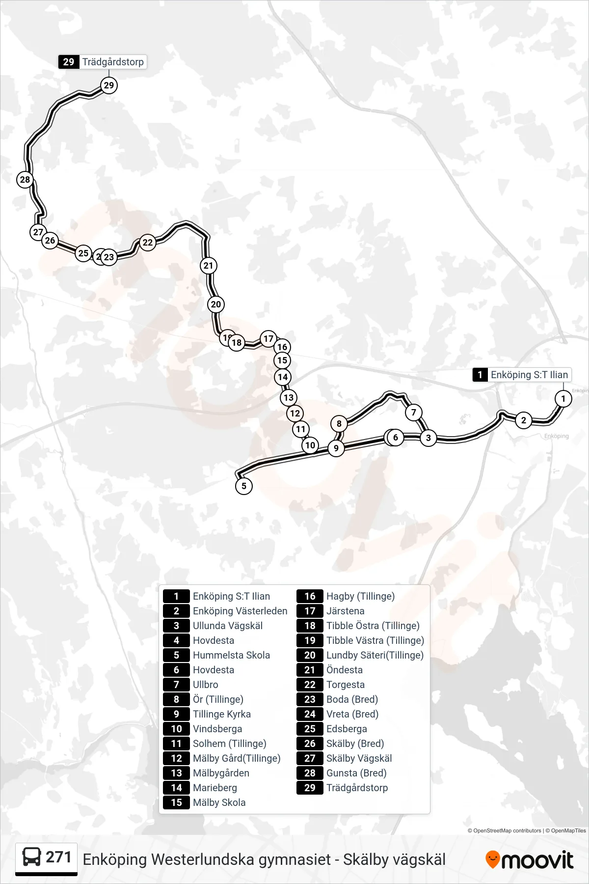 Rutt och hållplatser på karta för linje 271 buss, (Trädgårdstorp)