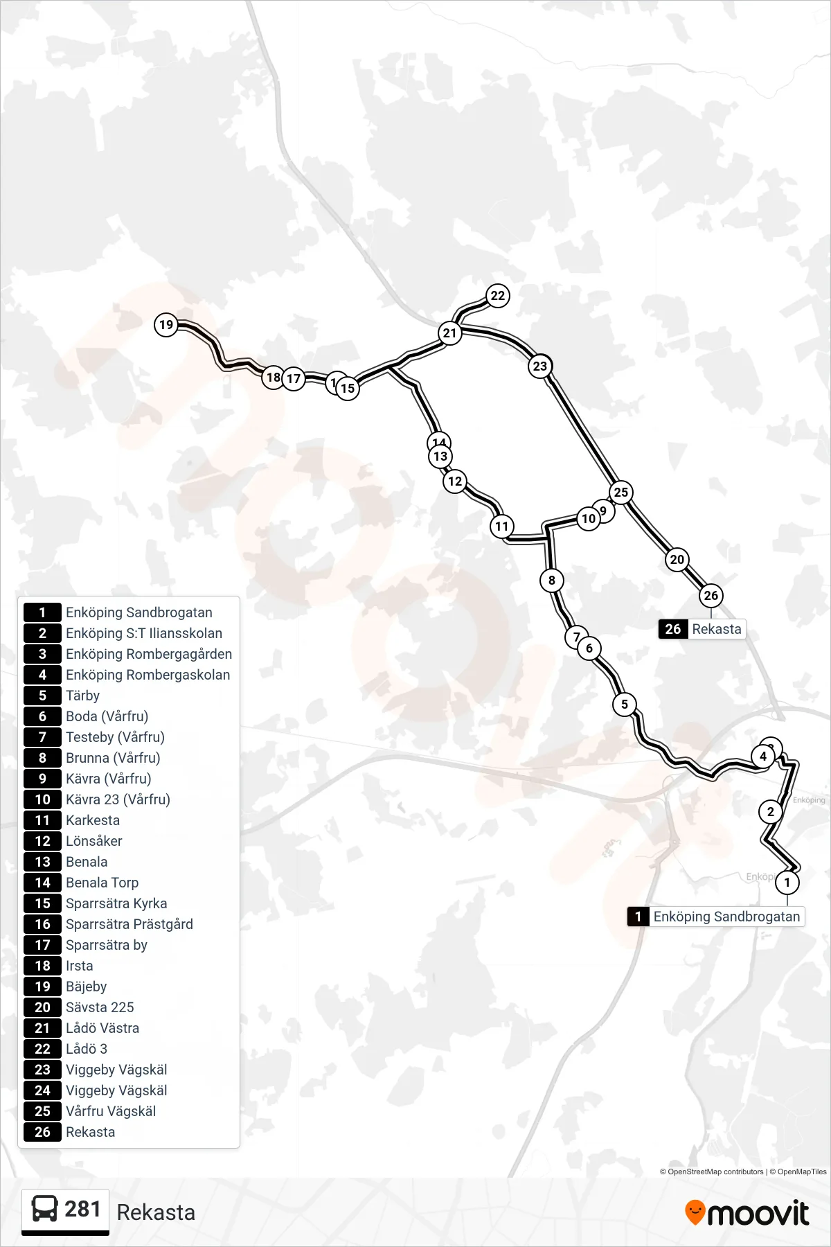 Rutt och hållplatser på karta för linje 281  buss, (Rekasta)