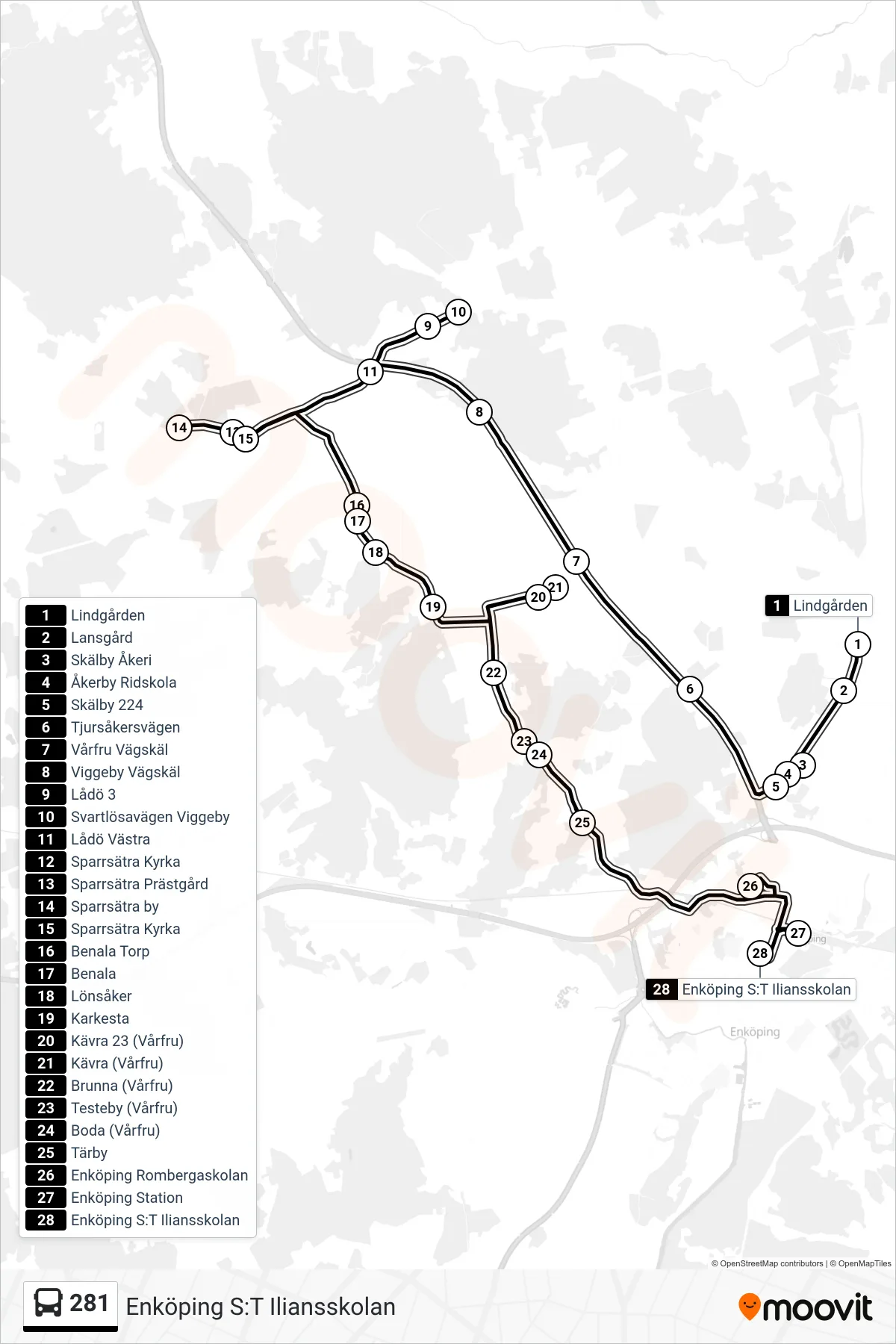 Rutt och hållplatser på karta för linje 281 buss, (Enköping S:T Iliansskolan)