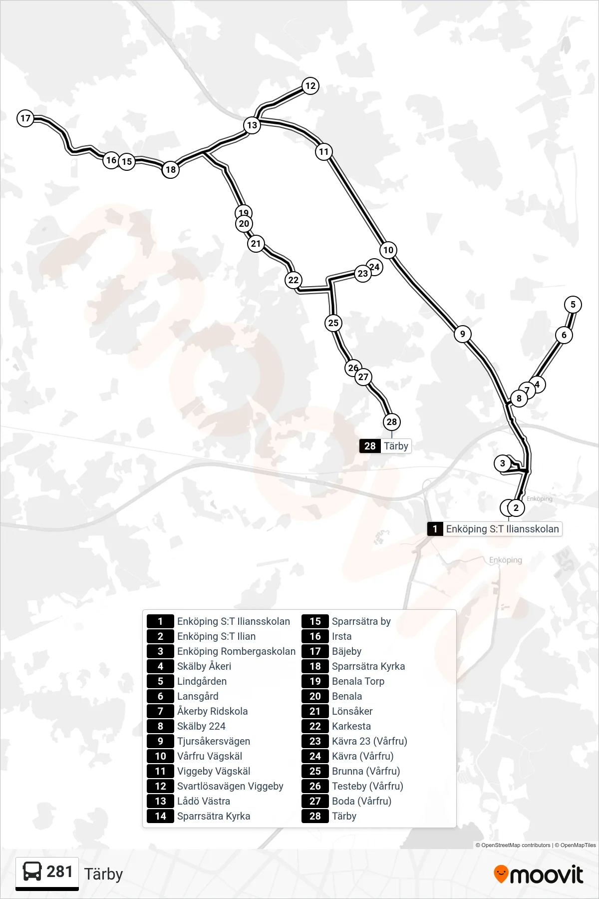 Rutt och hållplatser på karta för linje 281 buss, (Tärby)