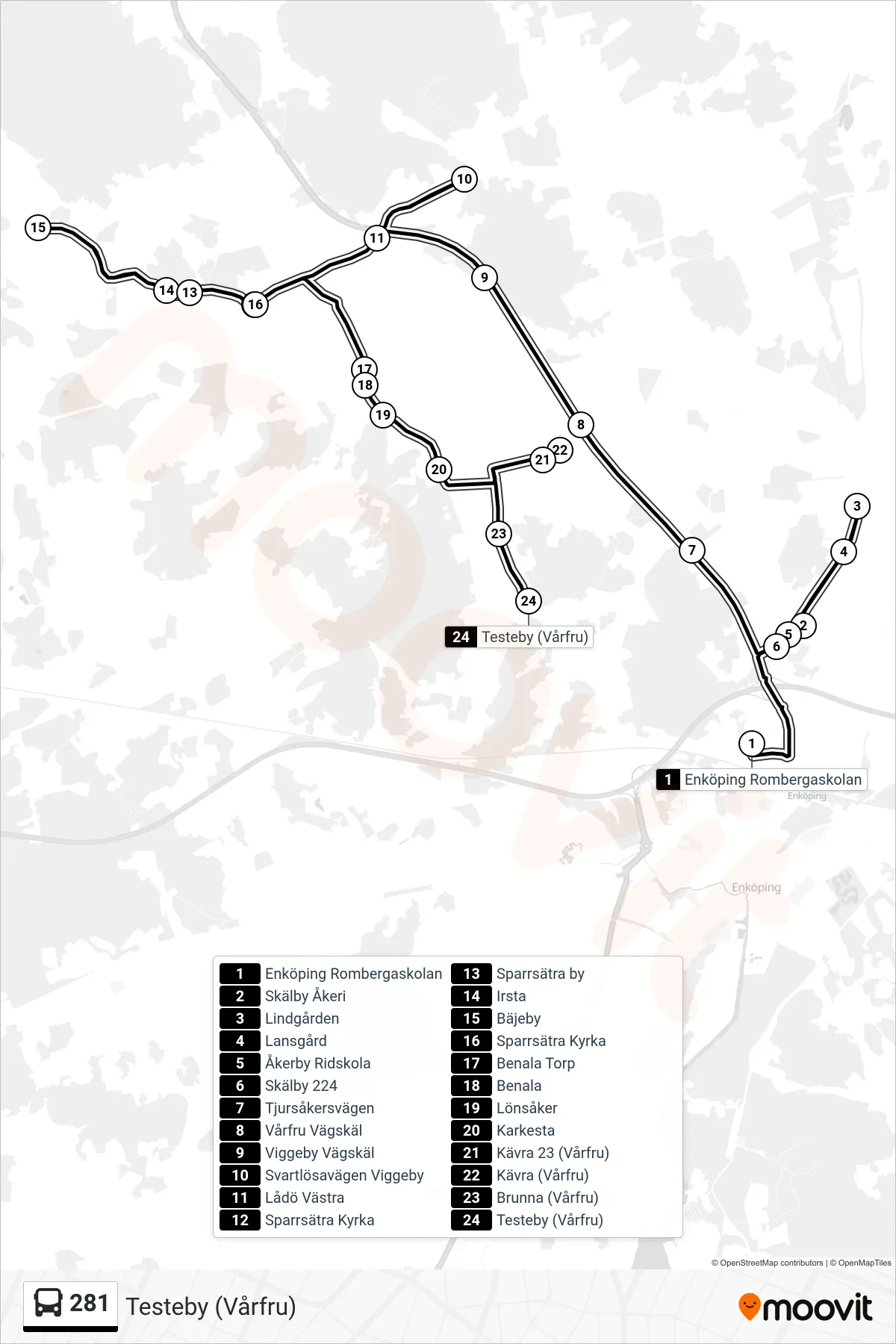 Rutt och hållplatser på karta för linje 281  buss, (Testeby (Vårfru))