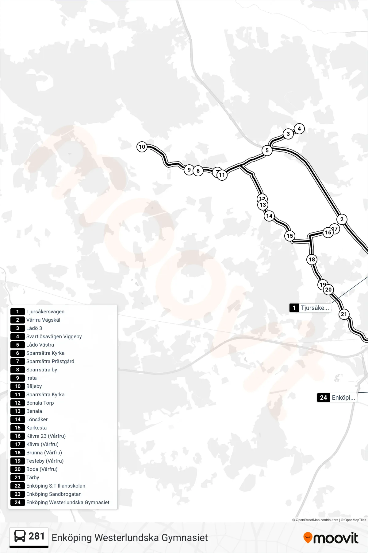 Rutt och hållplatser på karta för linje 281 buss, (Enköping Westerlundska Gymnasiet)