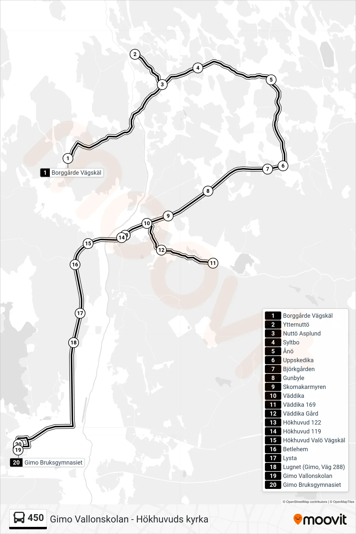 Rutt och hållplatser på karta för linje 450 buss, (Gimo Bruksgymnasiet)