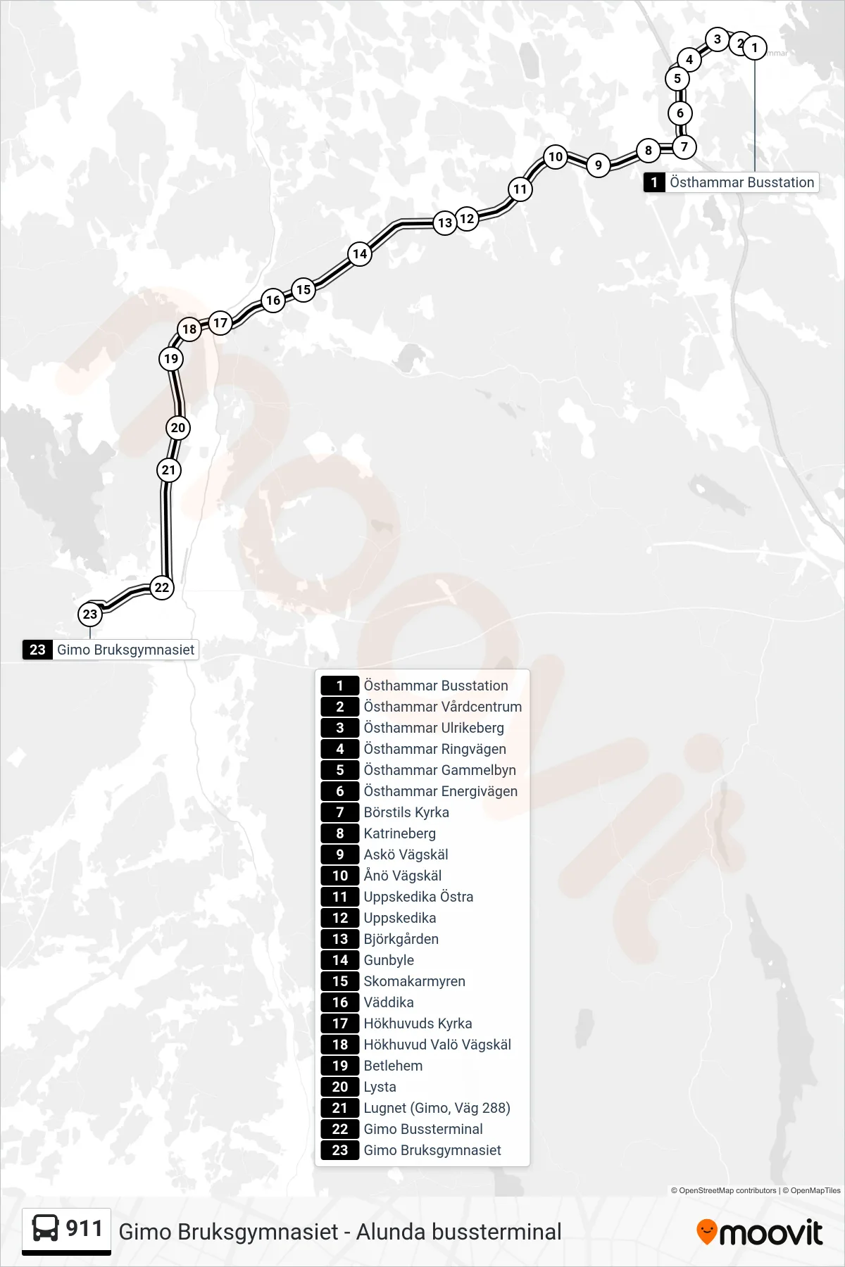 Rutt och hållplatser på karta för linje 911  buss, (Gimo Bruksgymnasiet)