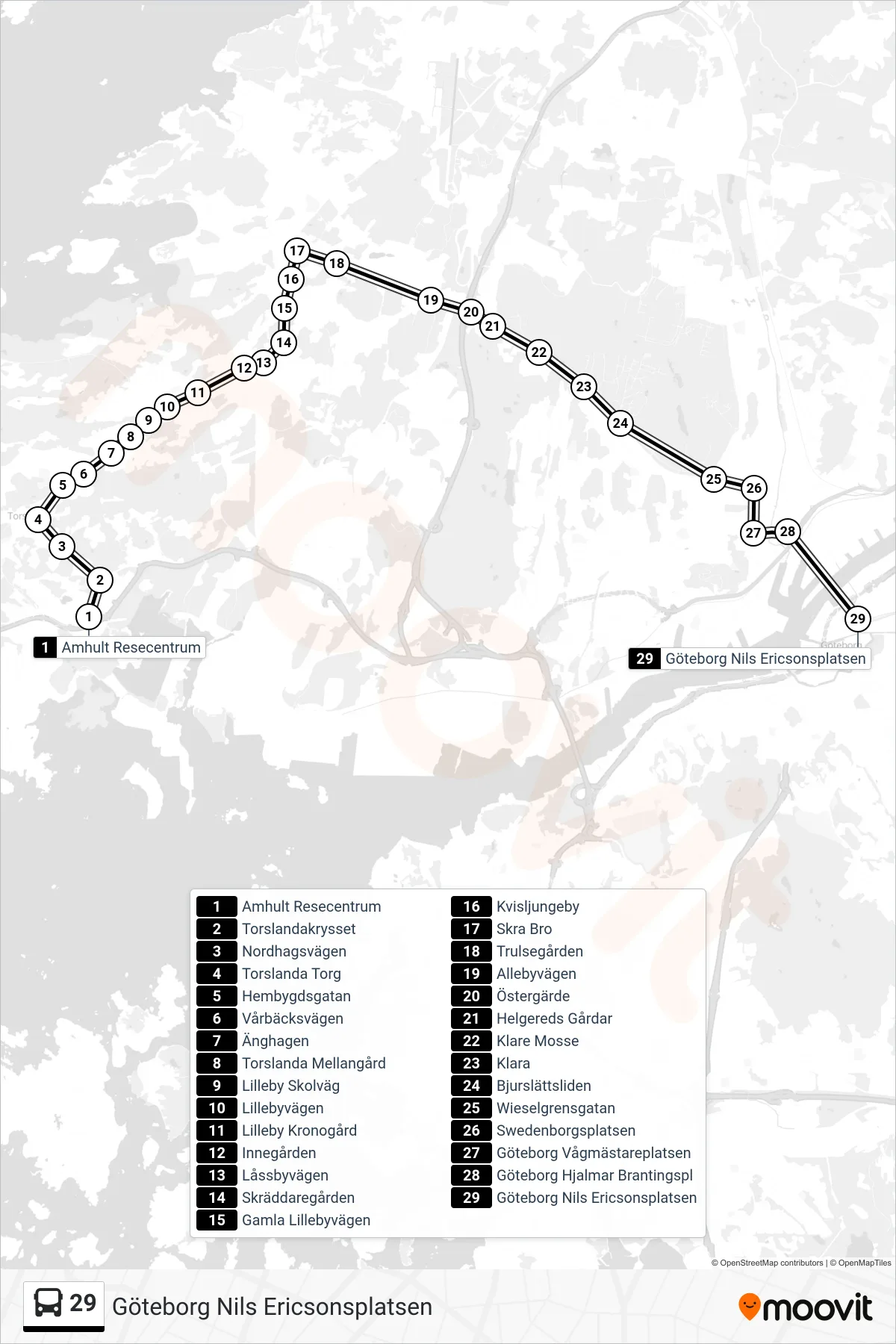 Rutt och hållplatser på karta för linje 29 spårvagn, (Göteborg Nils Ericsonsplatsen)