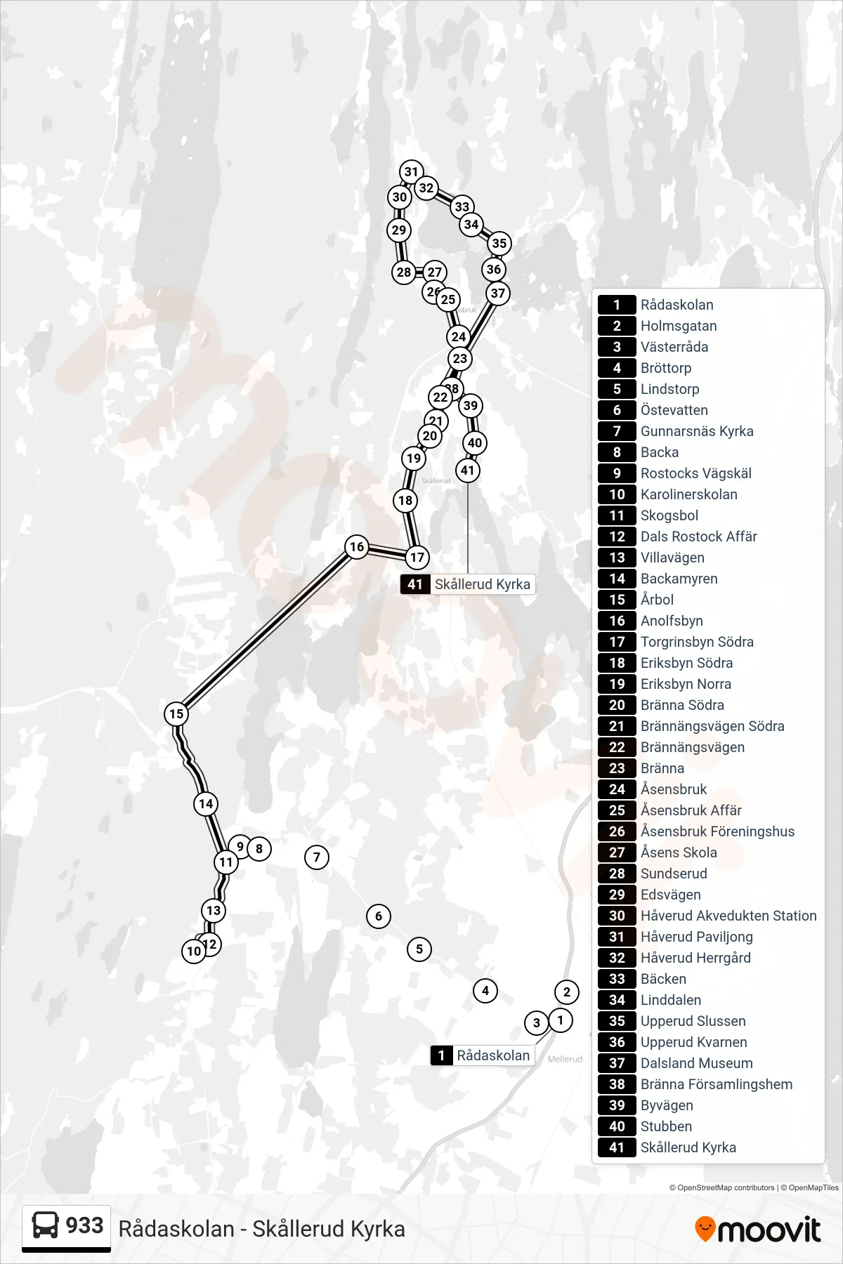 Rutt och hållplatser på karta för linje 933 spårvagn, (Skållerud Kyrka)