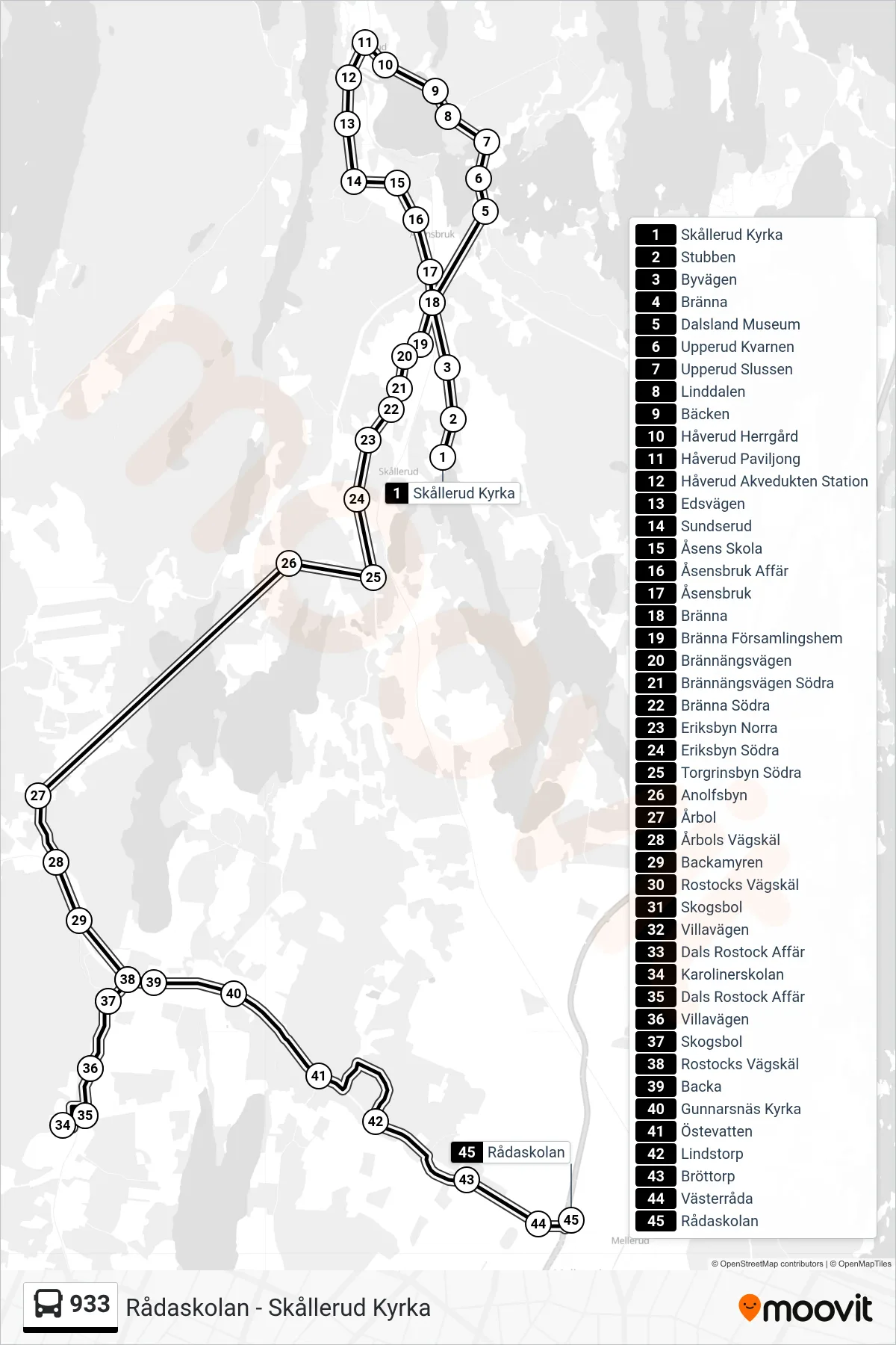 Rutt och hållplatser på karta för linje 933 spårvagn, (Rådaskolan)