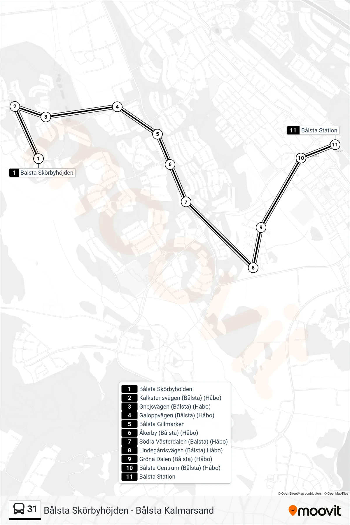 Rutt och hållplatser på karta för linje 31 spårvagn, (Bålsta Station)