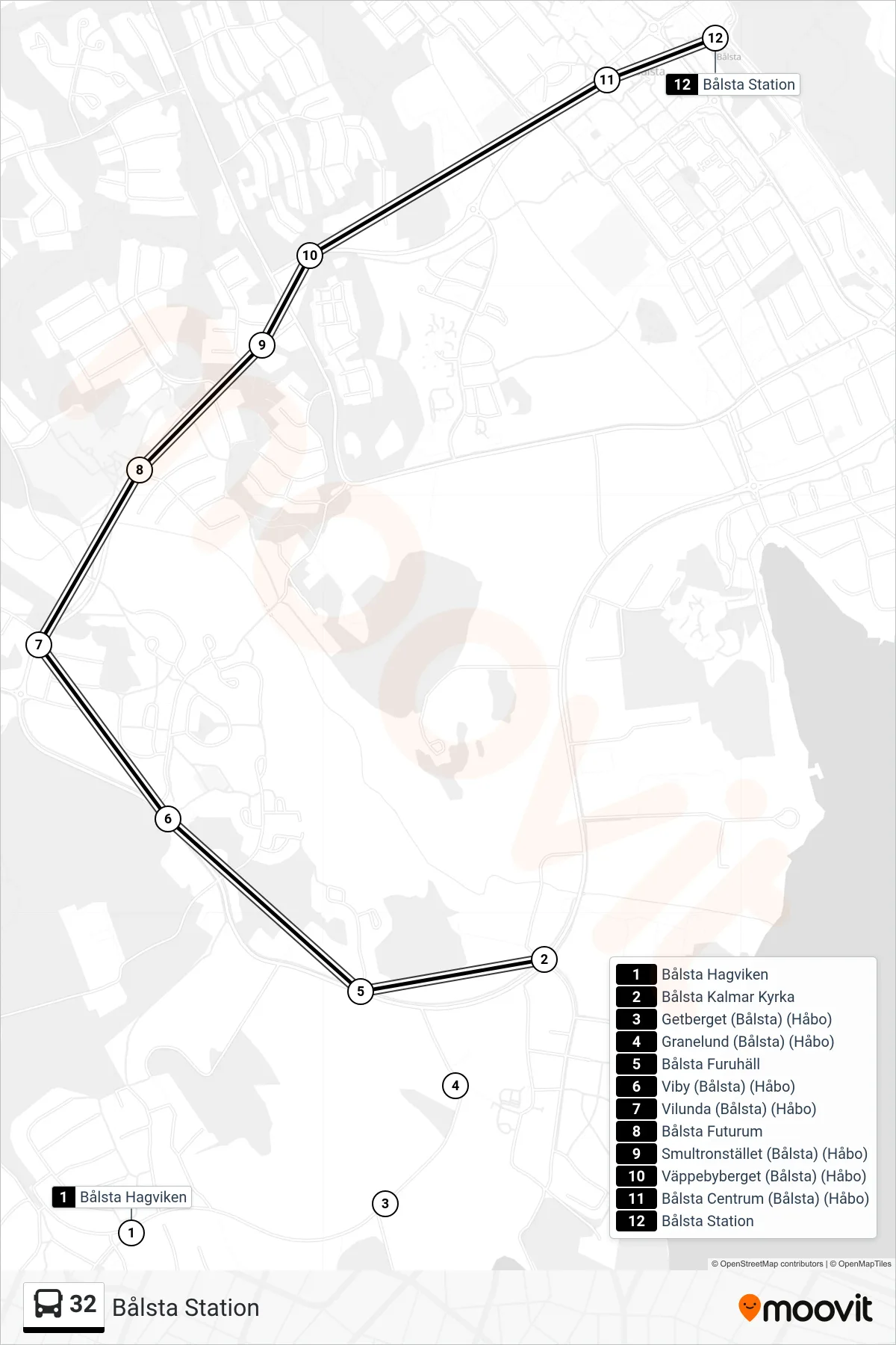 Rutt och hållplatser på karta för linje 32 spårvagn, (Bålsta Station)