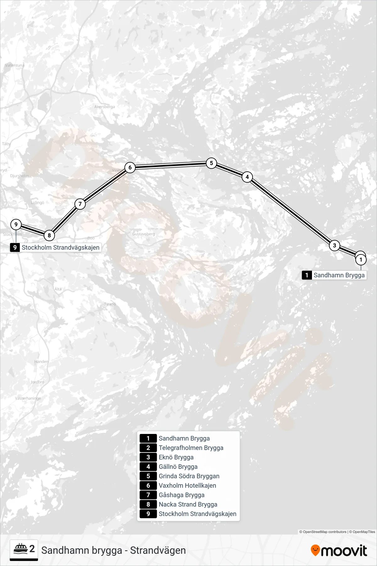 Rutt och hållplatser på karta för linje 2 färja, (Stockholm Strandvägskajen)