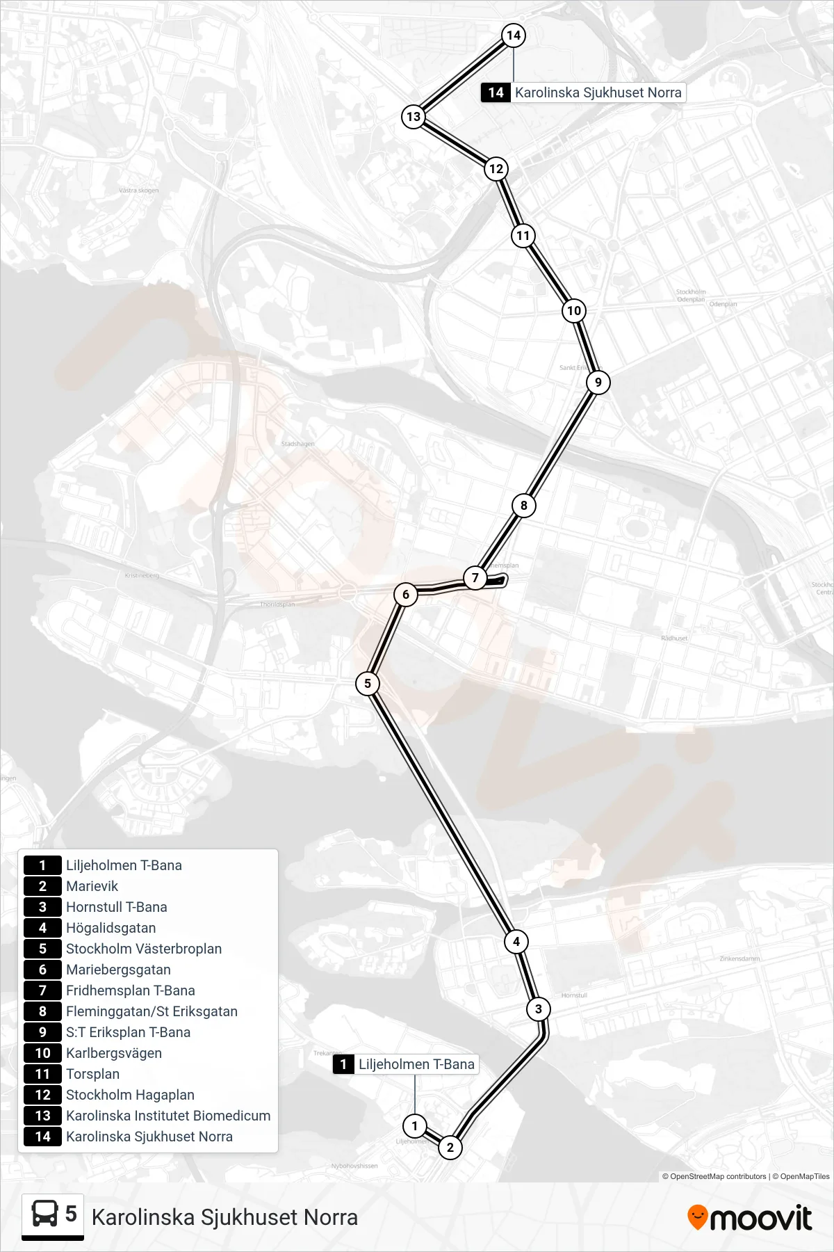 Rutt och hållplatser på karta för linje 5  buss, (Karolinska Sjukhuset Norra)